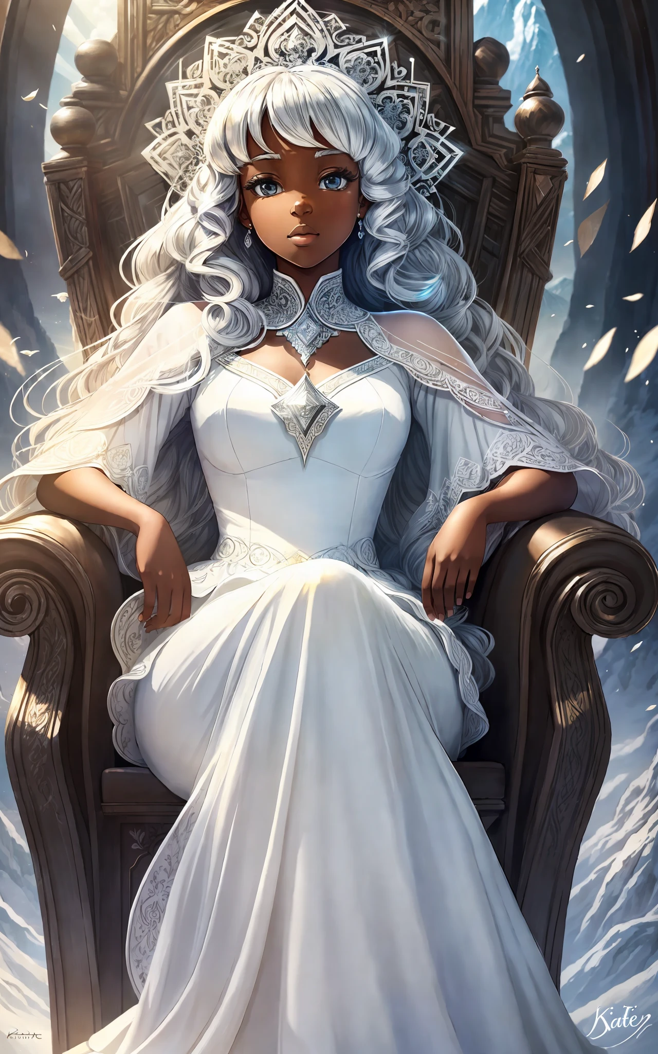 award winning 64k concept art of (black 1girl:1.2) in white majestic open dress sitting on the throne in the mountains, posing, epic, god rays, centered, (masterpiece:1.2), (best quality:1.2), Amazing, highly detailed, beautiful, finely detailed, warm soft color grading, Depth of field, extremely detailed 64k, fine art, stunning, iridescent, shiny, (light reflections:1.2), (crisp:1.5), white curls, wind, vibrant, sunlit, (edge detection:1.2), absurdres, by Katie Daisy, impressive, 120mm