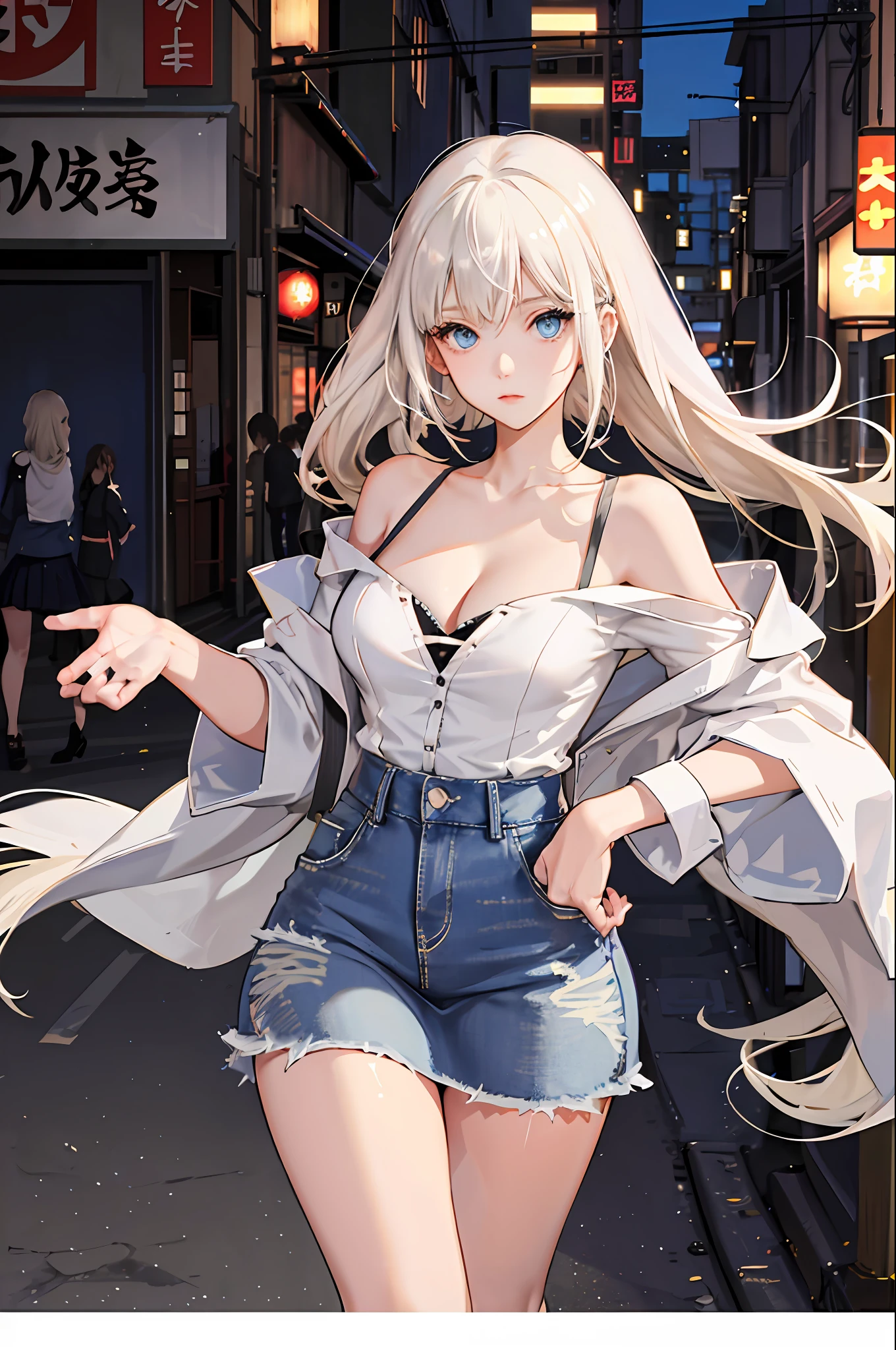 1girl, [detailed background (japan alley, tokyo, tokyo city)], long platinum blond hair, platinum blond hair, long platinum blond hair, plump and slender girl, long hair, ((Girl wears an off-shoulder white blouse, short jeans skirt, blue short jeans skirt, tight jeans skirt, tight and very short skirt)) showing shoulders and cleavage, slightly lifted up skirt)), correct limbs, correct anatomy, innocent expression, Eye details, beautiful eyes, delicate eyes, blue eyes, large breasts, massive breasts, cleavage, bare shoulders