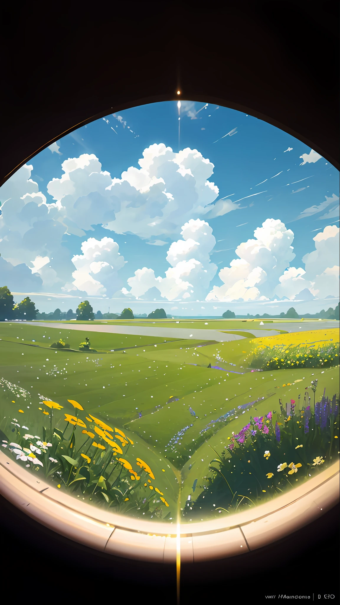 Summer, meadows, a few small flowers, heavenly views, large clouds, blue skies, hot weather, HD detail, wet watermarks, hyper-detail, cinematic, surrealism, soft light, deep field focus bokeh, ray tracing, and surrealism. --v6