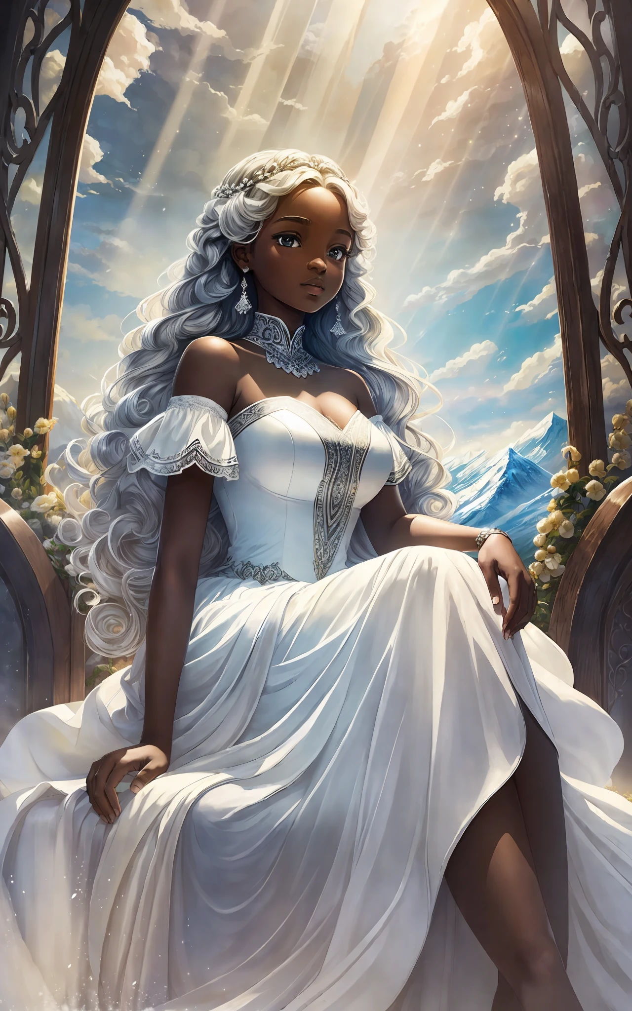 award winning 64k concept art of (black 1girl:1.2) in white majestic open dress sitting on the throne in the mountains, posing, epic, god rays, centered, (masterpiece:1.2), (best quality:1.2), Amazing, highly detailed, beautiful, finely detailed, warm soft color grading, Depth of field, extremely detailed 64k, fine art, stunning, iridescent, shiny, (light reflections:1.2), (crisp:1.5), white curls, wind, vibrant, sunlit, (edge detection:1.2), absurdres, by Katie Daisy, impressive, 120mm