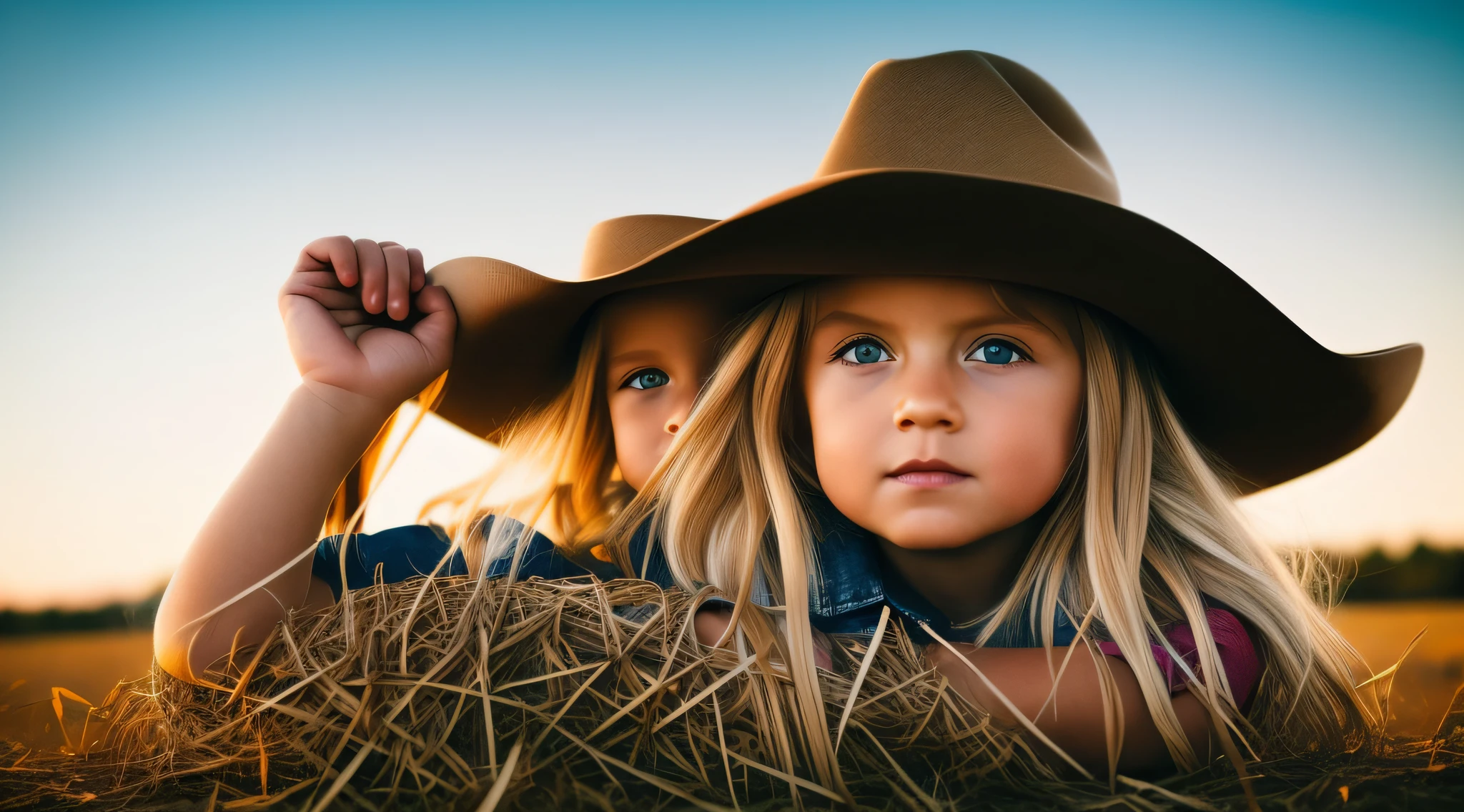 a closeup a long haired blonde  girl in a cowboy hat lying in hay, Madonna, album art cover, music album cover, music album art, album cover, CD cover, cover art, album cover, album cover, album cover, cow-girl, alternative album cover,  Montana, album art, cowgirl, promotional photo, artwork, album cover!