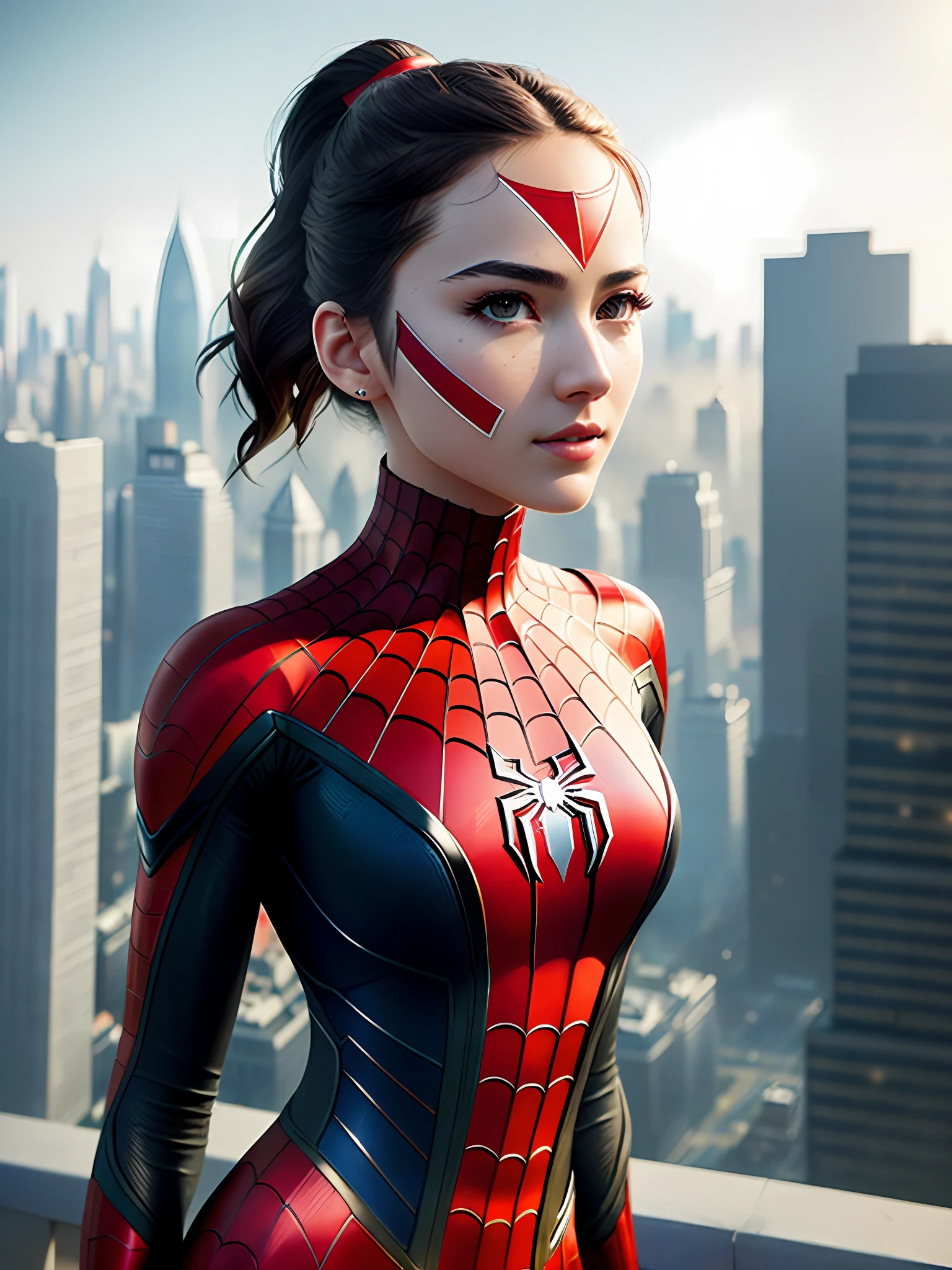 (1girl:1.3), Solo, (((Very detailed face)))), ((Very detailed eyes and face)))), Beautiful detail eyes, Body parts__, Official art, Unified 8k wallpaper, Super detailed, beautiful and beautiful, beautiful, masterpiece, best quality, original, masterpiece, super fine photo, best quality, super high resolution, realistic realism, sunlight, full body portrait, amazing beauty, dynamic pose, delicate face, vibrant eyes, (from the front), She wears Spider-Man suit, red and black color scheme, spider, very detailed city roof background, rooftop, overlooking the city, detailed face, detailed complex busy background, messy, gorgeous, milky white, highly detailed skin, realistic skin details, visible pores, clear focus, volumetric fog, 8k uhd, DSLR, high quality, film grain, fair skin, photo realism, lomography, futuristic dystopian megalopolis, translucent