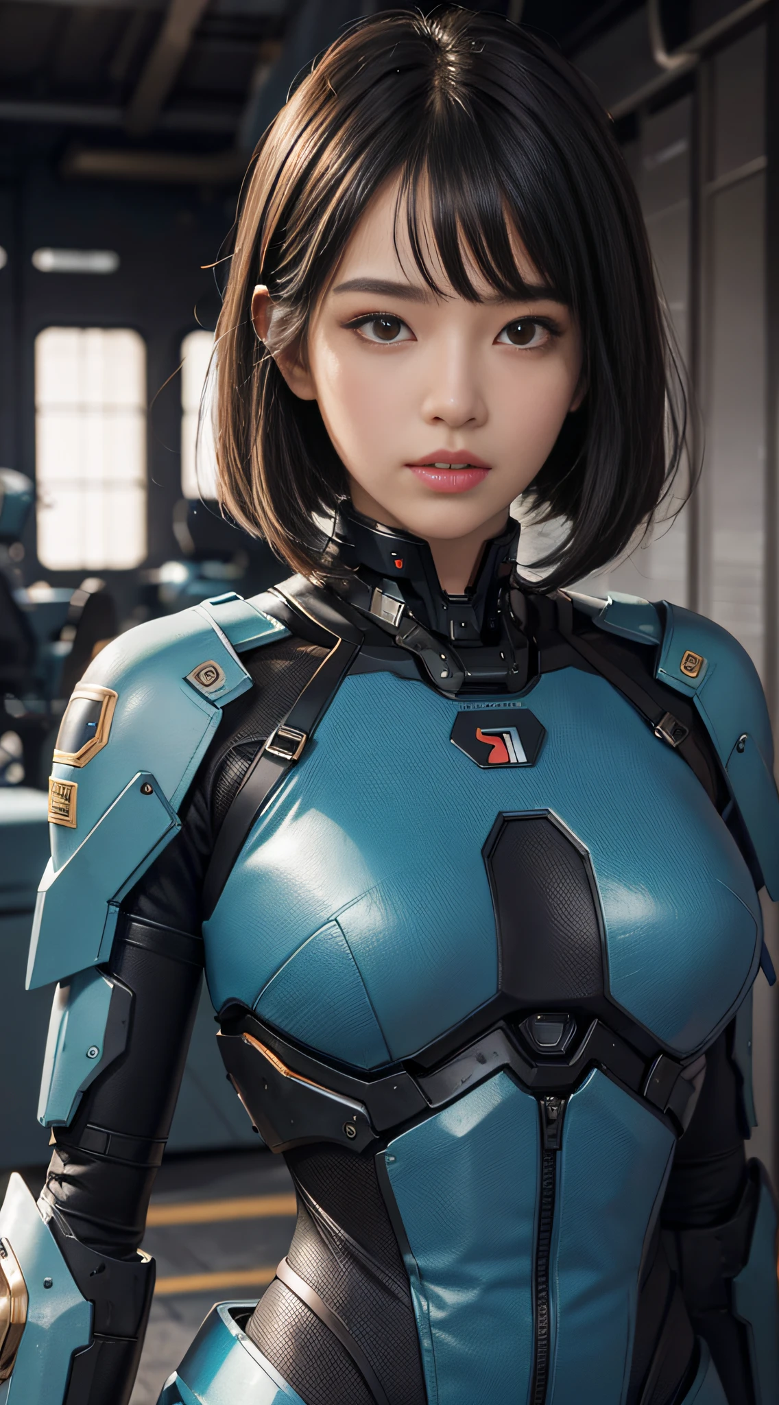 A girl looking at the viewer, front, short black hair, bangs, mecha, futuristic, 8k HD image, more details, solid color background, (upper body: 1.5), brown eyes, real, bust diagram, realism, high detail, masterpiece, UHD, masterpiece, anatomically correct, super detail, best quality, high resolution, absolute front, body front, korean beauty