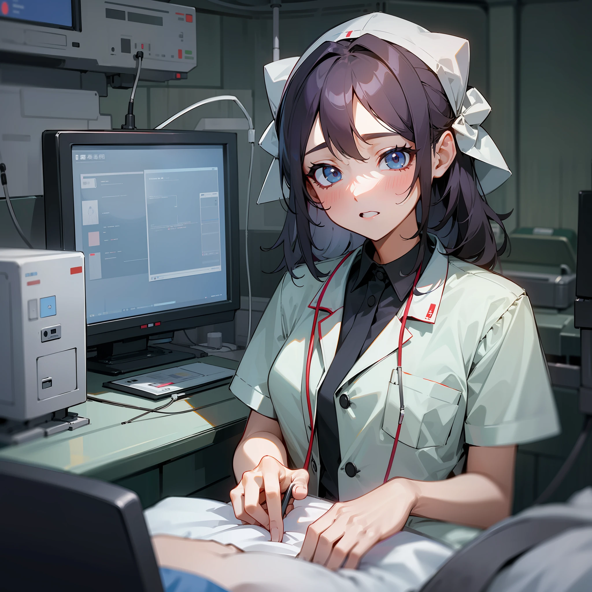 Master, (best quality), highly detailed, super meticulous, 1 girl, (patient: 1.5), bed, monitor, (pain: 0.8), (operating room + emergency room: 1.0), 15K wallpaper, multi-layered, high quality