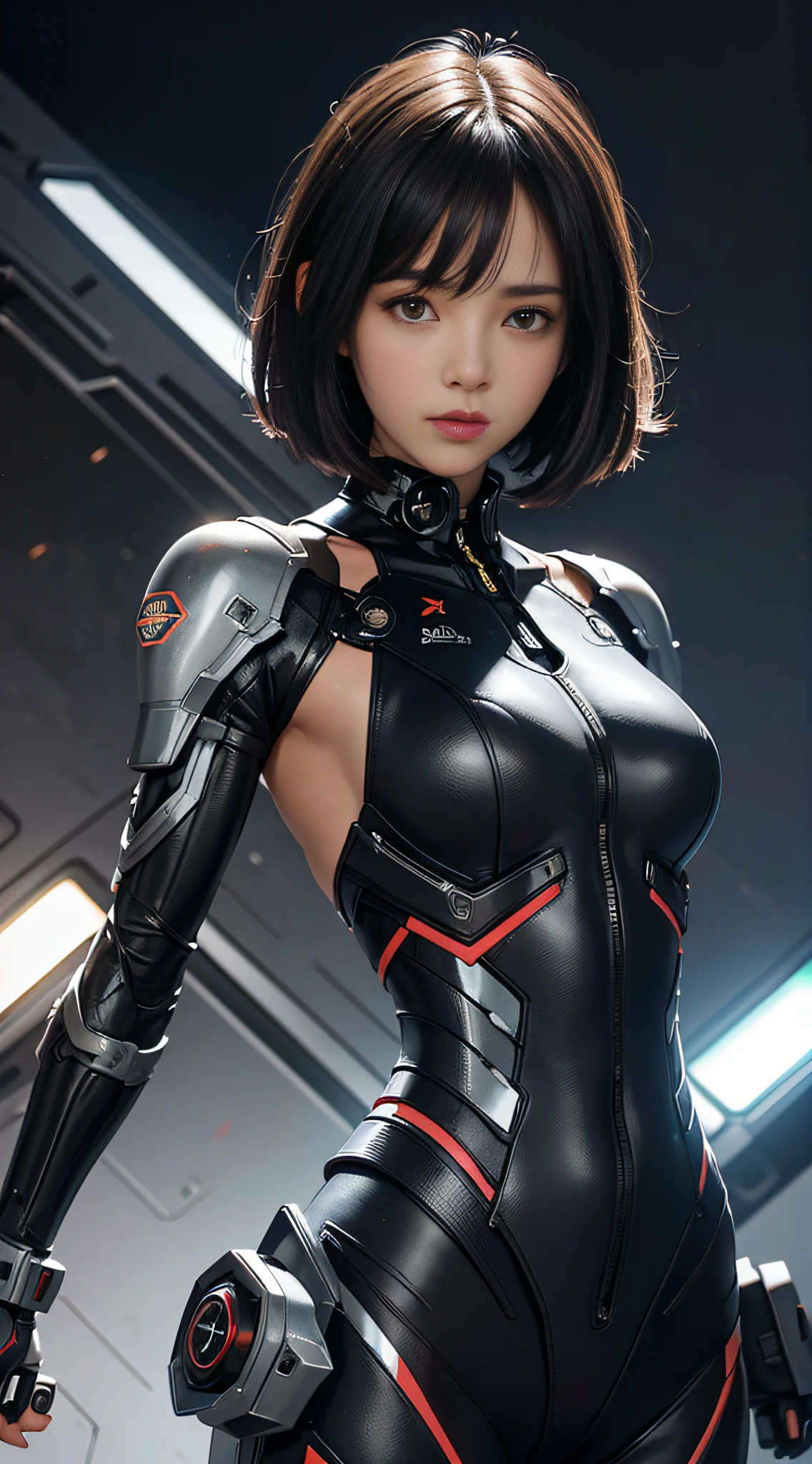 A girl looking at the viewer, front, short black hair, bangs, mecha, futuristic, 8k HD image, more details, solid color background, (upper body: 1.5), brown eyes, real, bust diagram, realism, high detail, masterpiece, UHD, masterpiece, anatomically correct, super detail, best quality, high resolution, absolute front, body front, korean beauty