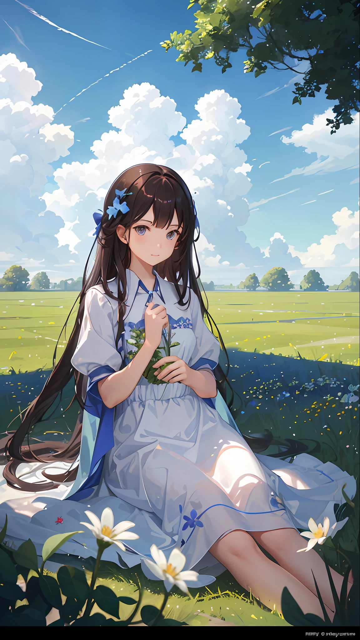 Summer, meadows, a few small flowers, heavenly views, large clouds, blue skies, hot weather, HD detail, wet watermarks, hyper-detail, cinematic, surrealism, soft light, deep field focus bokeh, ray tracing, and surrealism. --v6