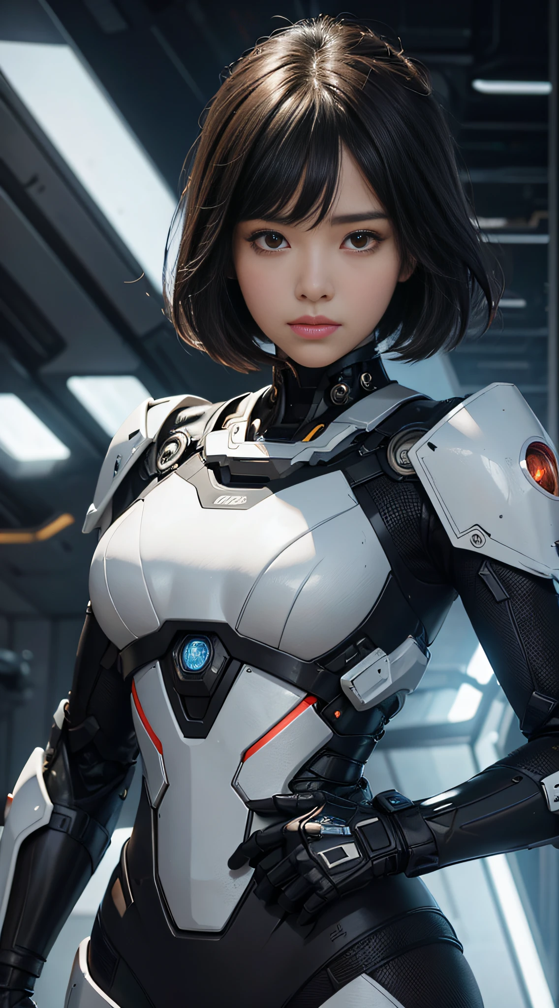 A girl looking at the viewer, front, short black hair, bangs, mecha, futuristic, 8k HD image, more details, solid color background, (upper body: 1.5), brown eyes, real, bust diagram, realism, high detail, masterpiece, UHD, masterpiece, anatomically correct, super detail, best quality, high resolution, absolute front, body front, korean beauty