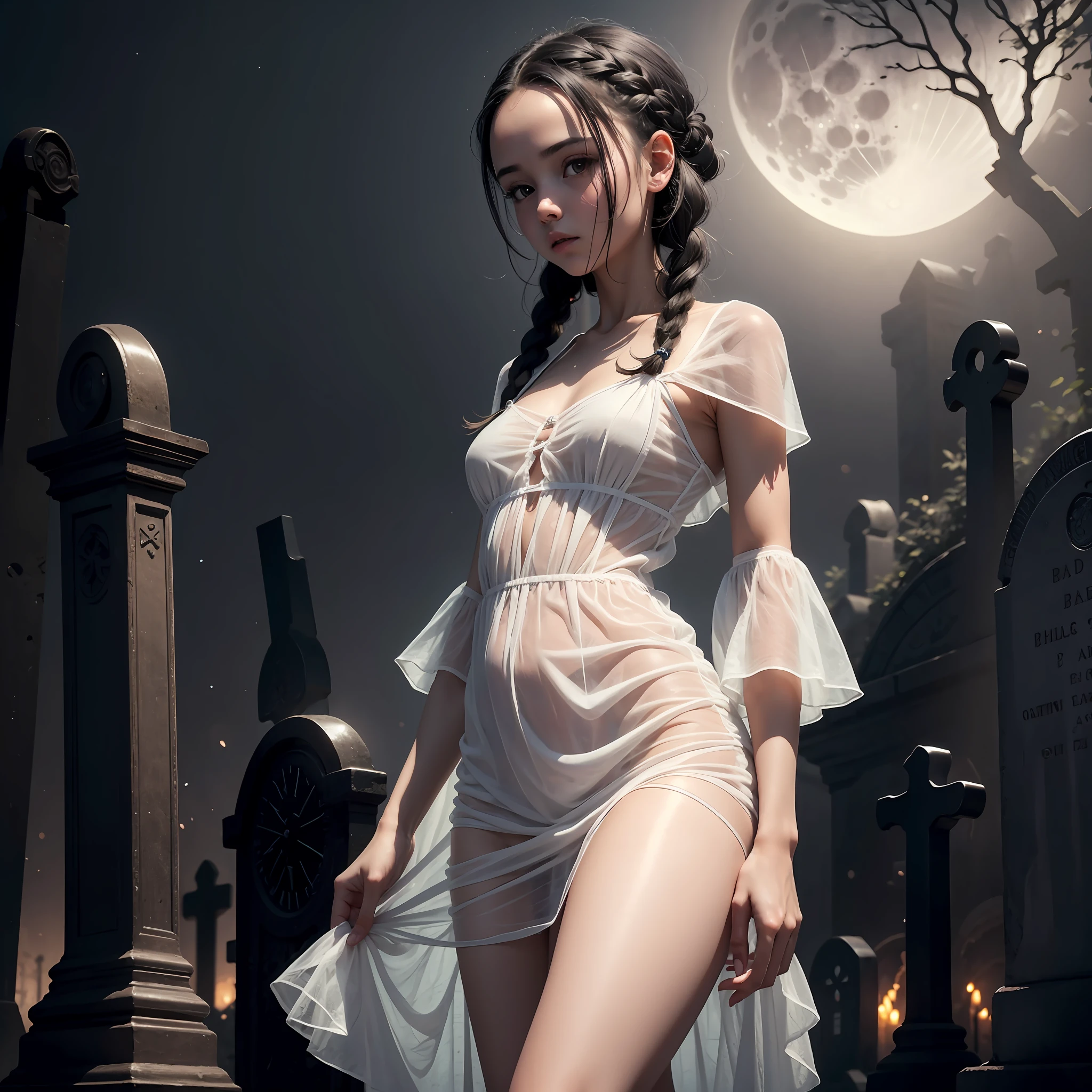 best image quality, 8k, masterpiece, black haired girl, white skin, braids, see-through black dress, baby face, small, slender, graveyard with full moon shining