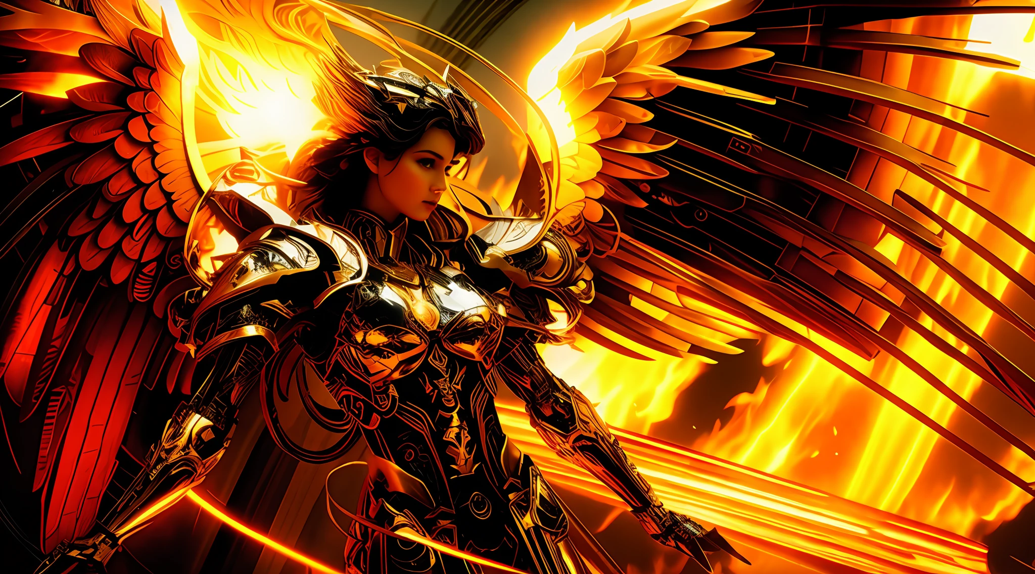 A mythical majestic grand robotic angel descending from a fiery heaven, detailed, Fujifilm, 32k, Imax, color graded, cinematic, moton blur, low contrast