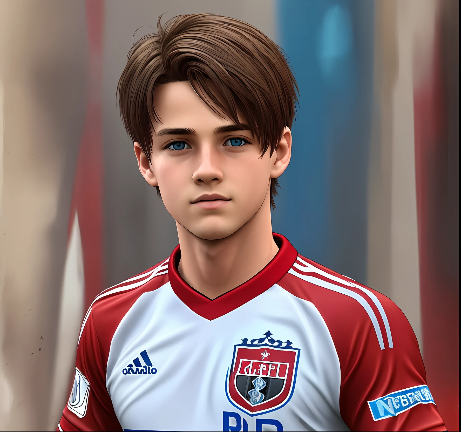 a one year boy. Blue eyes. Brown hair. São Paulo FC Jersey. Photorealistic. --auto --s2