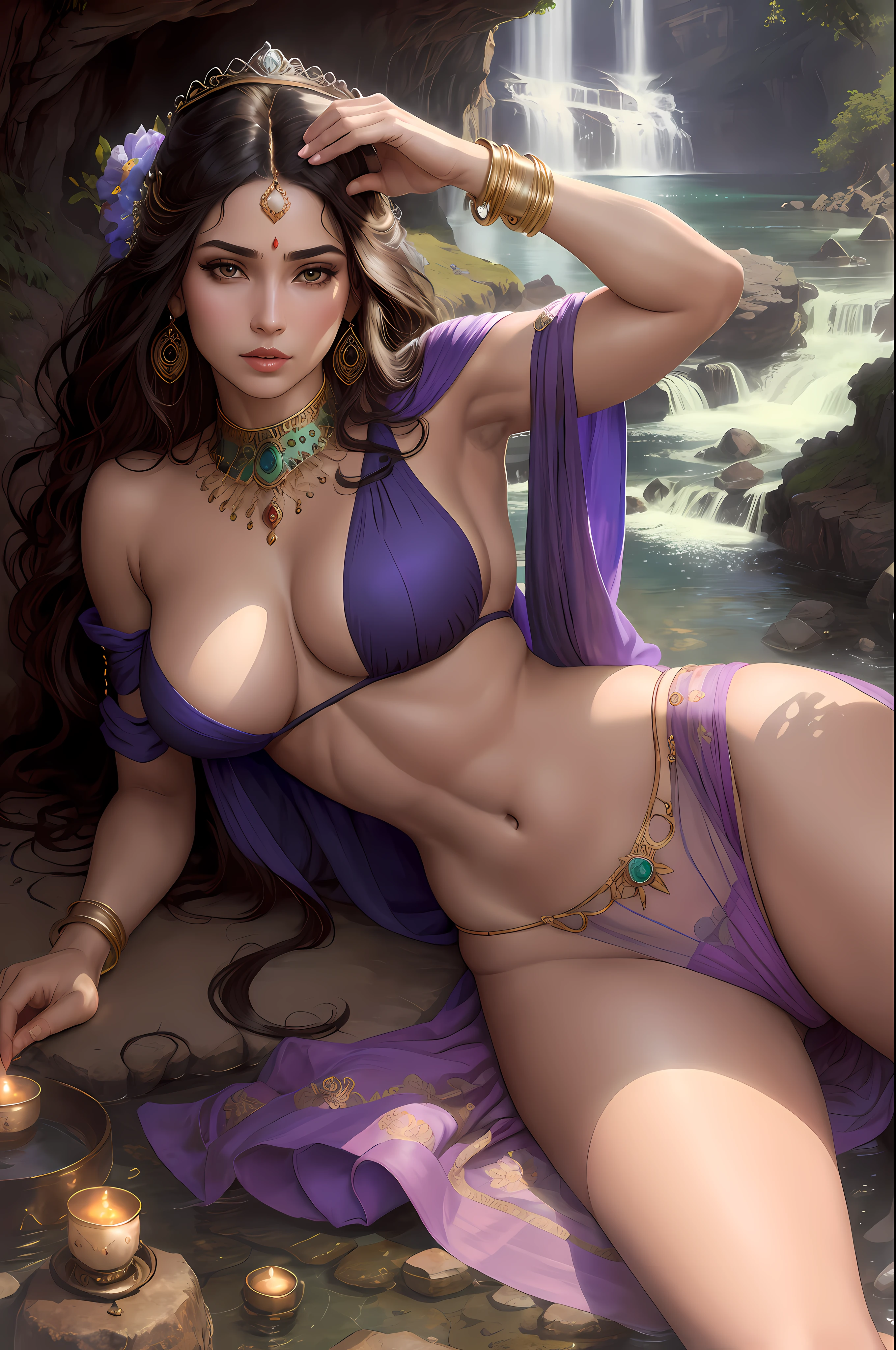 ((realistic:1.5)),((best quality)), ((masterpiece)),((detailed)), (1girl), {a beautiful female wearing a Sari}, (upper body:1.3),super-wide-angle lens,face focus, mature,sexy,toned muscles,long legs,curvy, barefoot, oversized firm breasts, open cleavage, drooping breasts, thick thighs,wide hips, thin legs, green eyes,long black hair,floting hair,long eyelashes, (detailed face,beautiful eye, detailed pupilss,detailed clothes features, clear background:1.3), (Bindi,Jhumkas:1.3), (Armlet, Haar, Payal,Maang Tikka,Jhumkas,Kamarband,Bangles:1.3), mysterious ancient ruin, lush forests, deep canyons,bridge,river,cliff,cloud, lakes,rock,waterfalls, flowers, grass, fog,vine,tree, smoke, best shadow,bright details,sharp,perfect composistion, Intricate, Sharp focus, dramatic, by Frank Frazetta,by Julie Bell,by Olivia De Berardinis,by Luis Royo,by boris vallejo, (specular lighting:1.3),rim light, princesses, playing, princesses playing with water, river bank, royal skimpy underwear, random royal color, laying on the floor, spooning her friend, hand on underwear, thirsty face, erotic face, lips open, almost undressed, underwear slid down, attended by servants, armed bodyguard, servant, gasping, breathing hard, fist clenched, visible slit, queen and slave