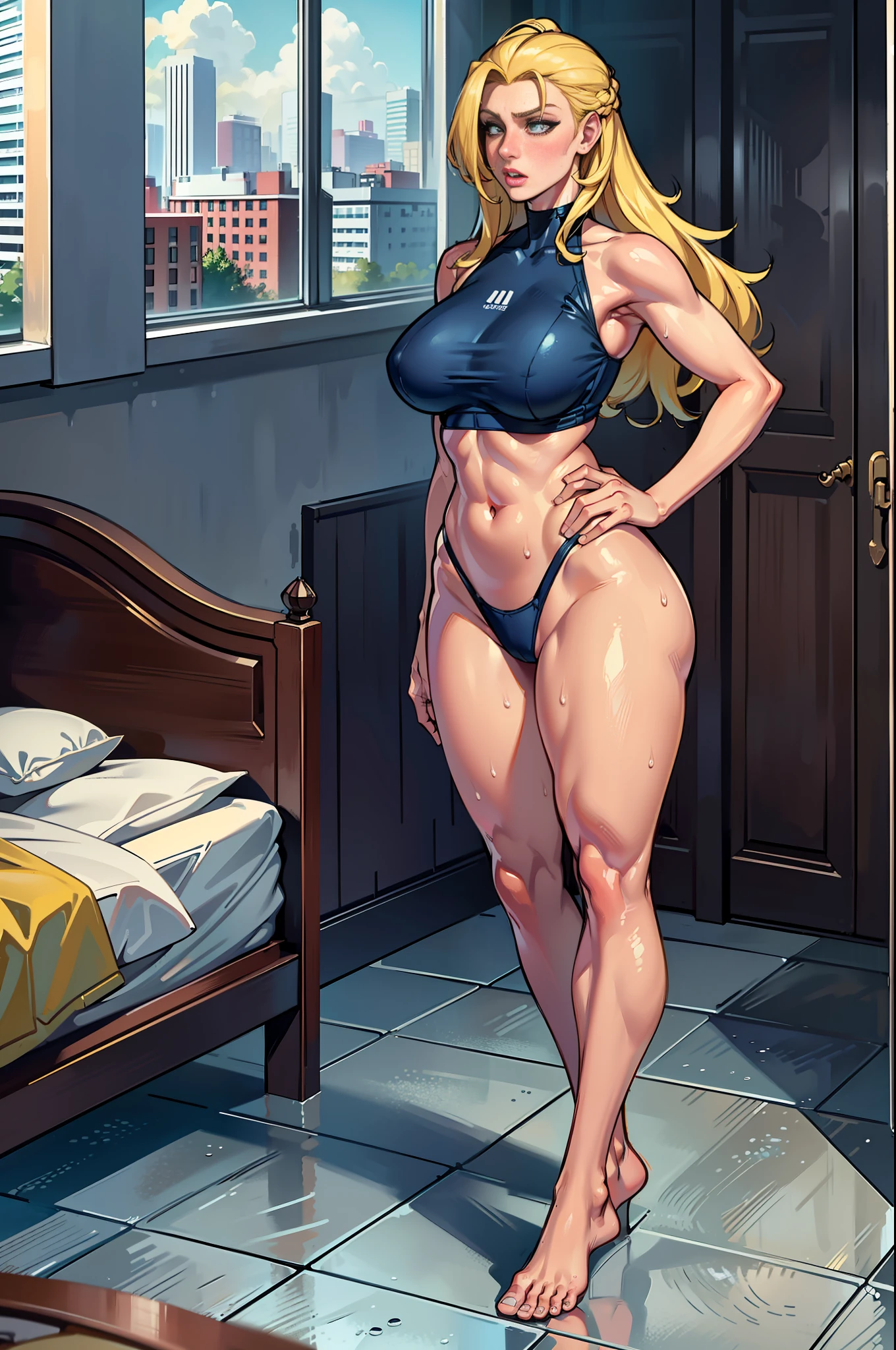 4k highly detailed realistic ((full body including legs)) photo of beautiful sweaty 18-year-old Anglo-Saxon girl with ((sharp jaw)) and large perky breasts, in wet clothes standing by the bedroom window in a tall building with white walls in a wet sports bra with a deep neckline, blonde hair (yellow), eyes with blue color