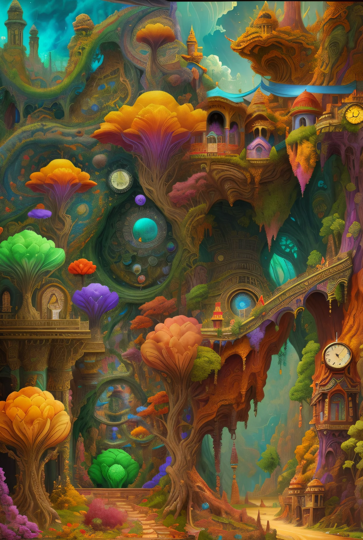 there is a painting of a fantasy forest with a clock, intricate rainbow environment, detailed dreamscape, colorful concept art, detailed fantasy digital art, detailed fantasy illustration, detailed digital 2d fantasy art, colorfull digital fantasy art, whimsical fantasy landscape art, 4k highly detailed digital art, magical colors and atmosphere, fantasy highly detailed, beautiful detailed fantasy, intricate fantasy painting