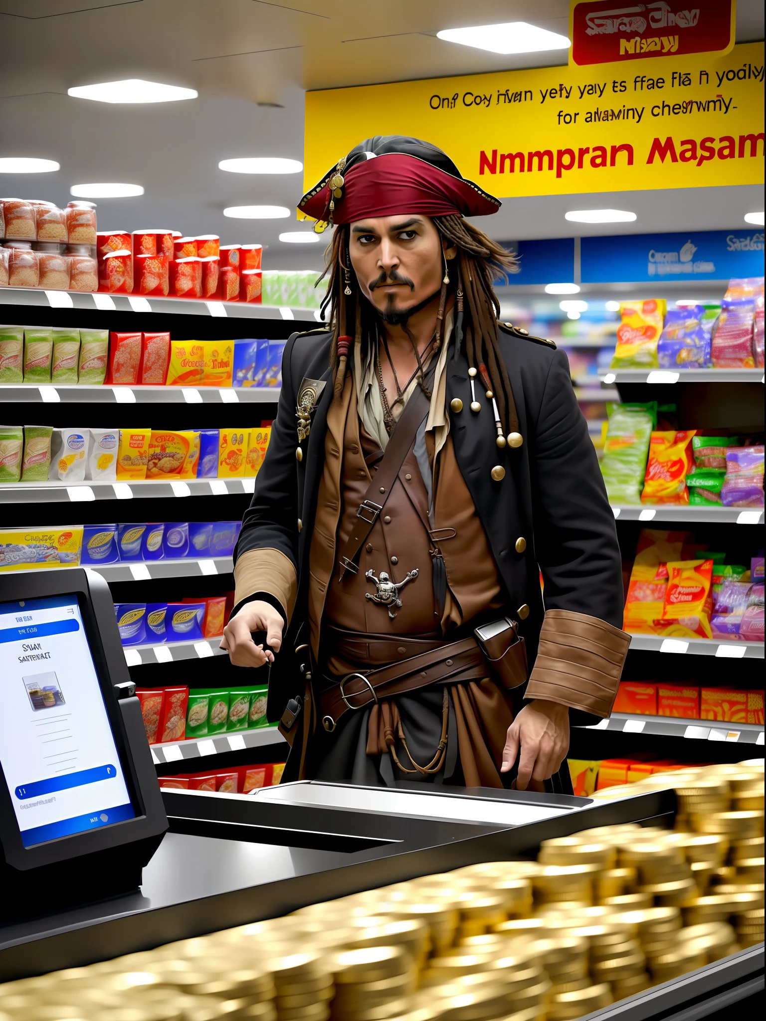 In an ordinary modern supermarket, Captain Jack Sparrow, still donning his iconic pirate hat and coat, engages in a lively negotiation with the store manager over the price of a bottle of rum. With a mischievous grin, Sparrow brandishes a handful of gold coins, attempting to charm the bewildered manager, who stands in front of a checkout counter adorned with scanning machines and credit card terminals.