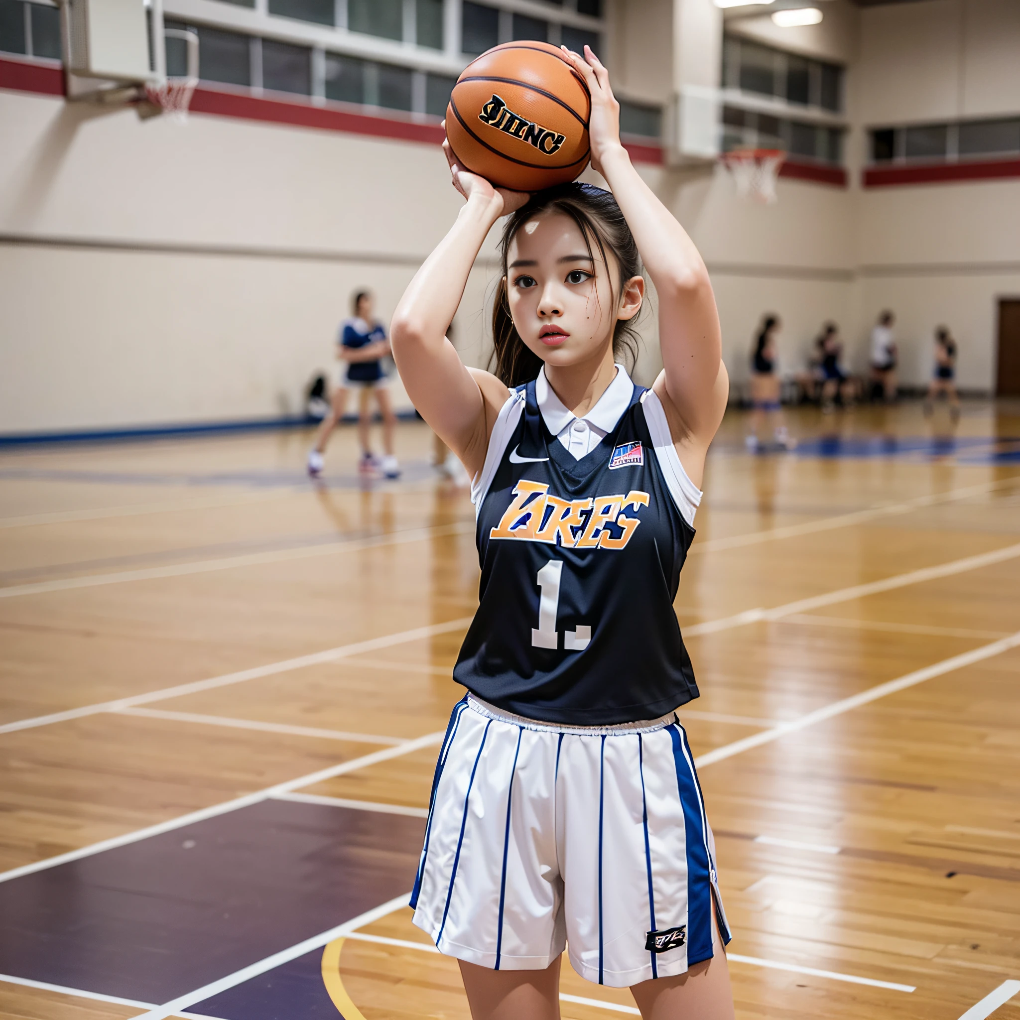 masterpiece, 16K, schoolgirl wearing basketball uniform, shot with Nikon Z9, cute schoolgirl model in basketball club activity, shooting basketball practice, perfect anatomy, top quality, gymnasium, ultra-realistic, realistic scale ratio, wet with sweat, perfect style