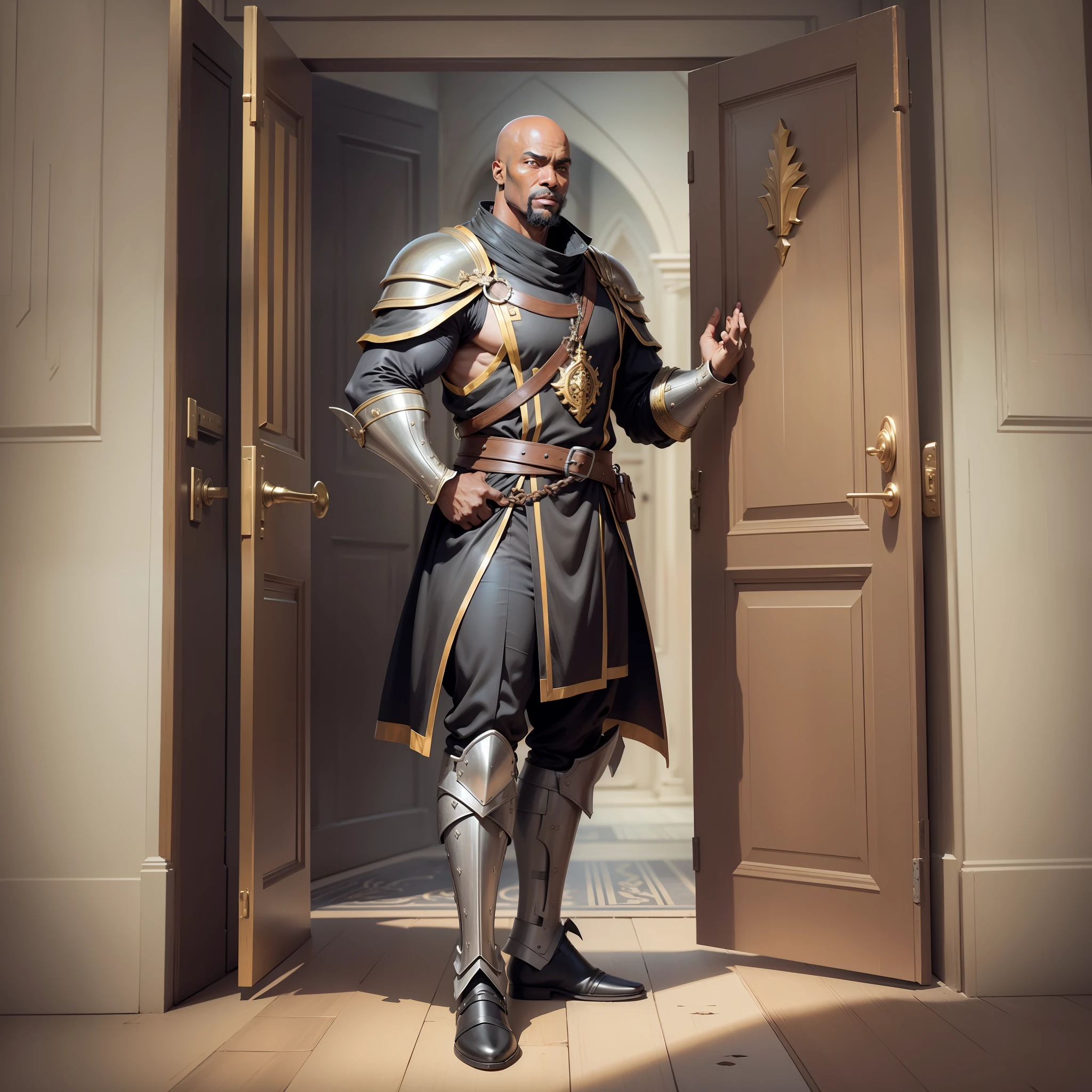 Realistic image of a rustic black man, bald, strong, dressed in black cleric's costumes with shoulder pads, anime character style art, standing before a door in a royal anteroom, giving instructions