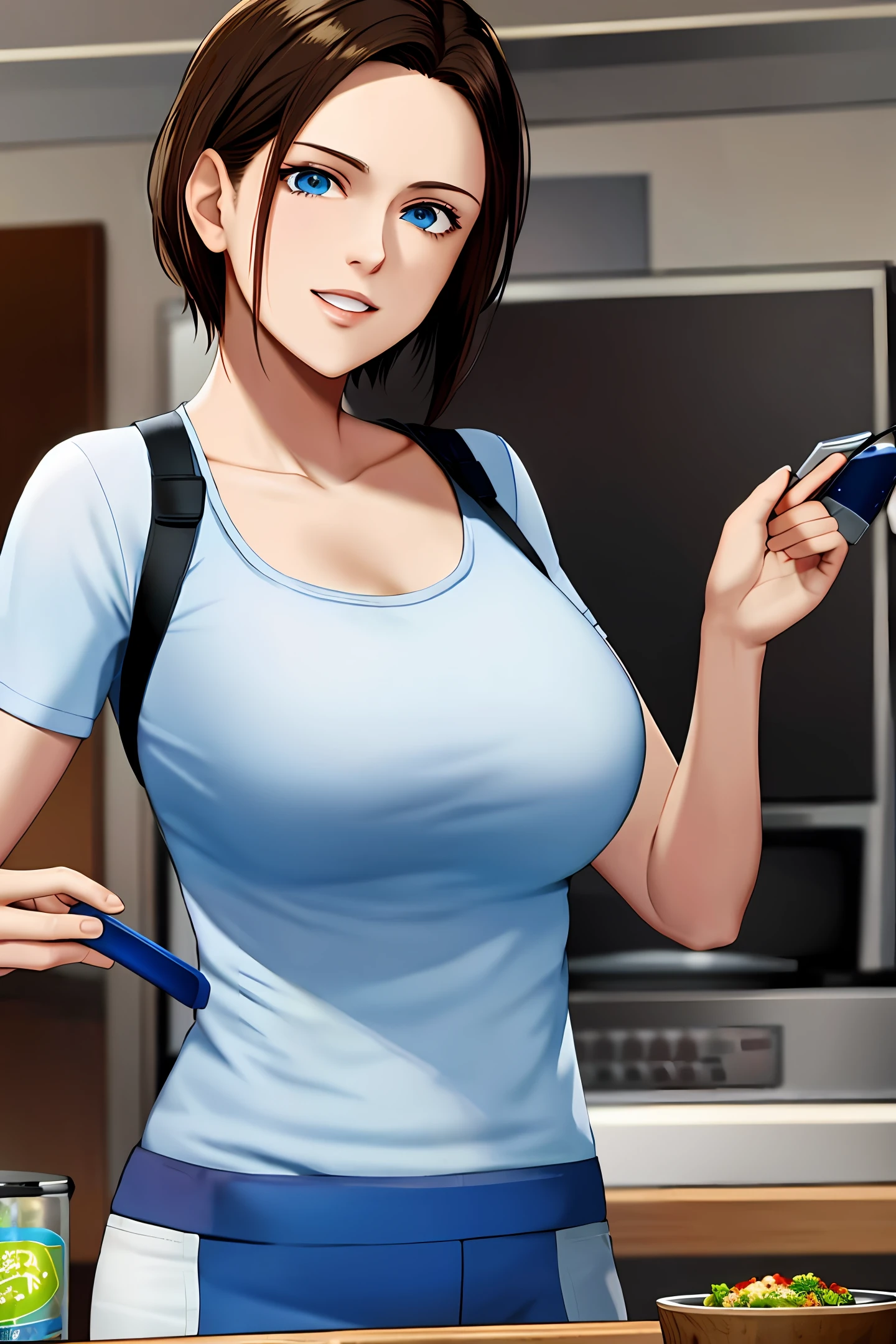 Jill Valentine, in casual clothes, cooking food in her apartment