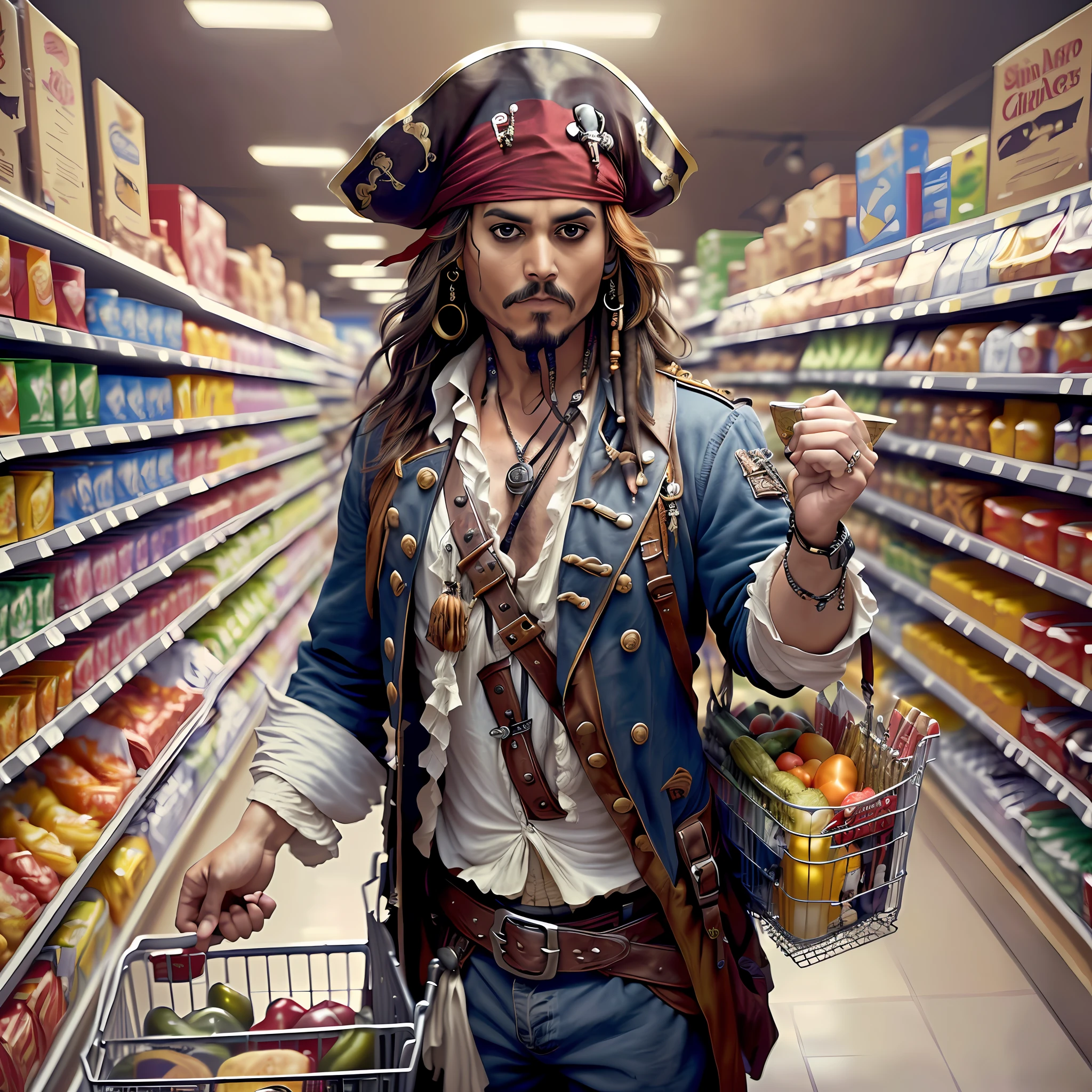 Captain Jack Sparrow, dressed in his pirate attire, stands in the middle of a bustling modern supermarket aisle. He holds a shopping basket in one hand and examines a jar of pickles with a curious expression. Shelves lined with various groceries surround him, and amused onlookers in contemporary clothing watch his perplexed yet determined attempts to navigate the supermarket. --auto --s2
