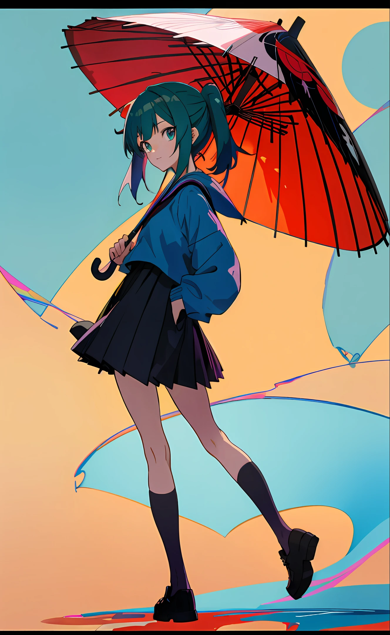 Beautiful pupil, full body, two-dimensional anime girl, 4k, umbrella, retro outfit
