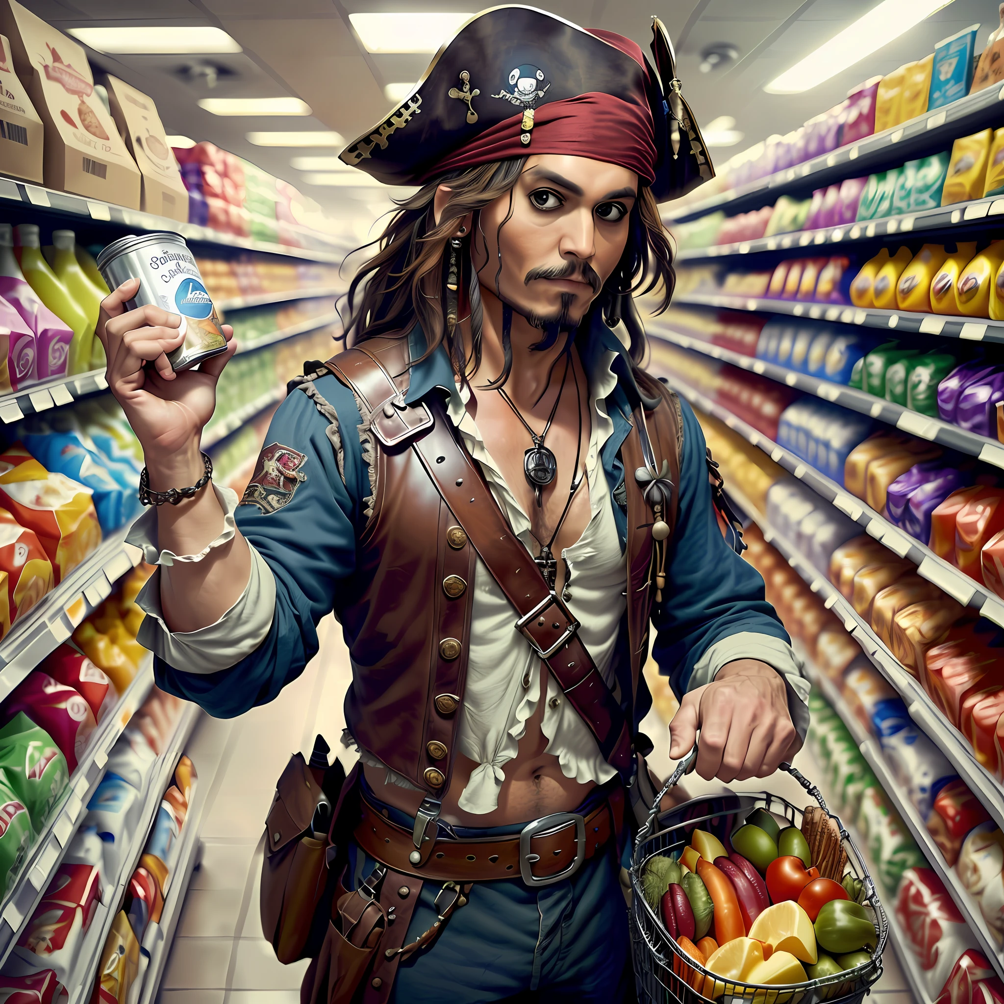 Captain Jack Sparrow, dressed in his pirate attire, stands in the middle of a bustling modern supermarket aisle. He holds a shopping basket in one hand and examines a jar of pickles with a curious expression. Shelves lined with various groceries surround him, and amused onlookers in contemporary clothing watch his perplexed yet determined attempts to navigate the supermarket. --auto --s2