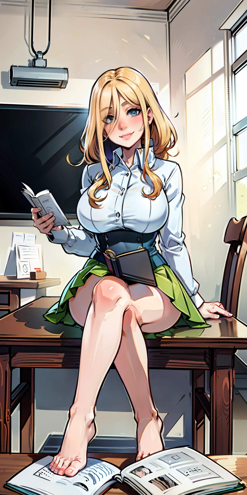 Color, (Masterpiece: 1.4), (Best Quality: 1.4), 8K, HD, Ultra HD, 1 Girl, (Big Tits: 1.4), Long Blonde Hair, White Clothes, Black Short Skirt, White Socks, Desk, Reading, Pen, Curly Hair, Blushing, (Smile with Joy), ((Hands Cover Face, Eyes Covered)), Classroom, Blackboard, ((Sitting at Desk)), ((Reading))