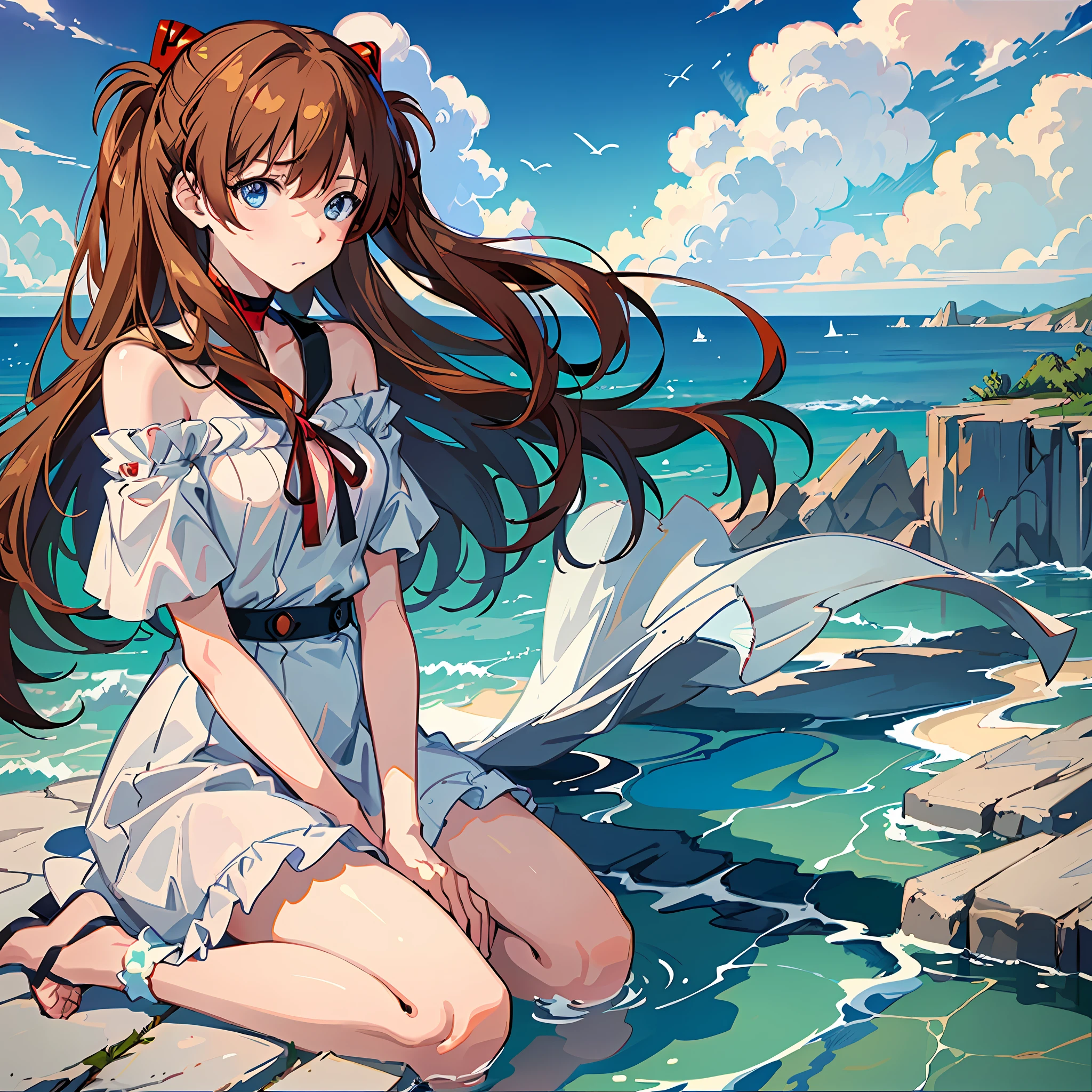 (Masterpiece, best quality), Asuka, 1 girl, hair fluttering in the wind, tsundere emoji, wallpaper, seaside background, solid background, white dress, hands on knees, calves and ground vertical, close-up, characters in the middle, warm colors, minimalist, --v6