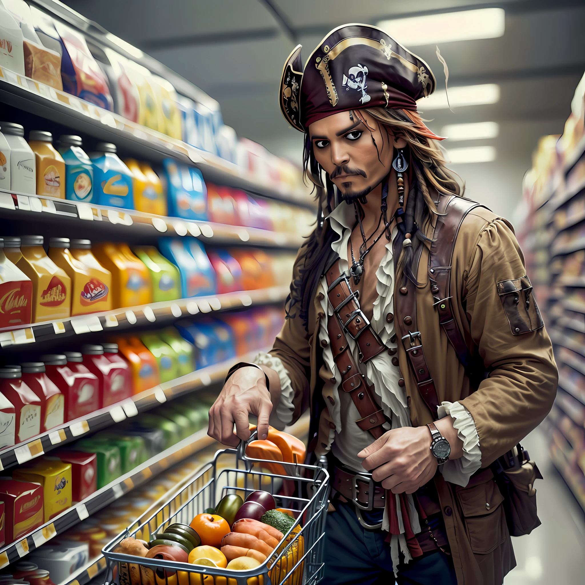 Captain Jack Sparrow, dressed in his pirate attire, stands in the middle of a bustling modern supermarket aisle. He holds a shopping basket in one hand and examines a jar of pickles with a curious expression. Shelves lined with various groceries surround him, and amused onlookers in contemporary clothing watch his perplexed yet determined attempts to navigate the supermarket. --auto --s2