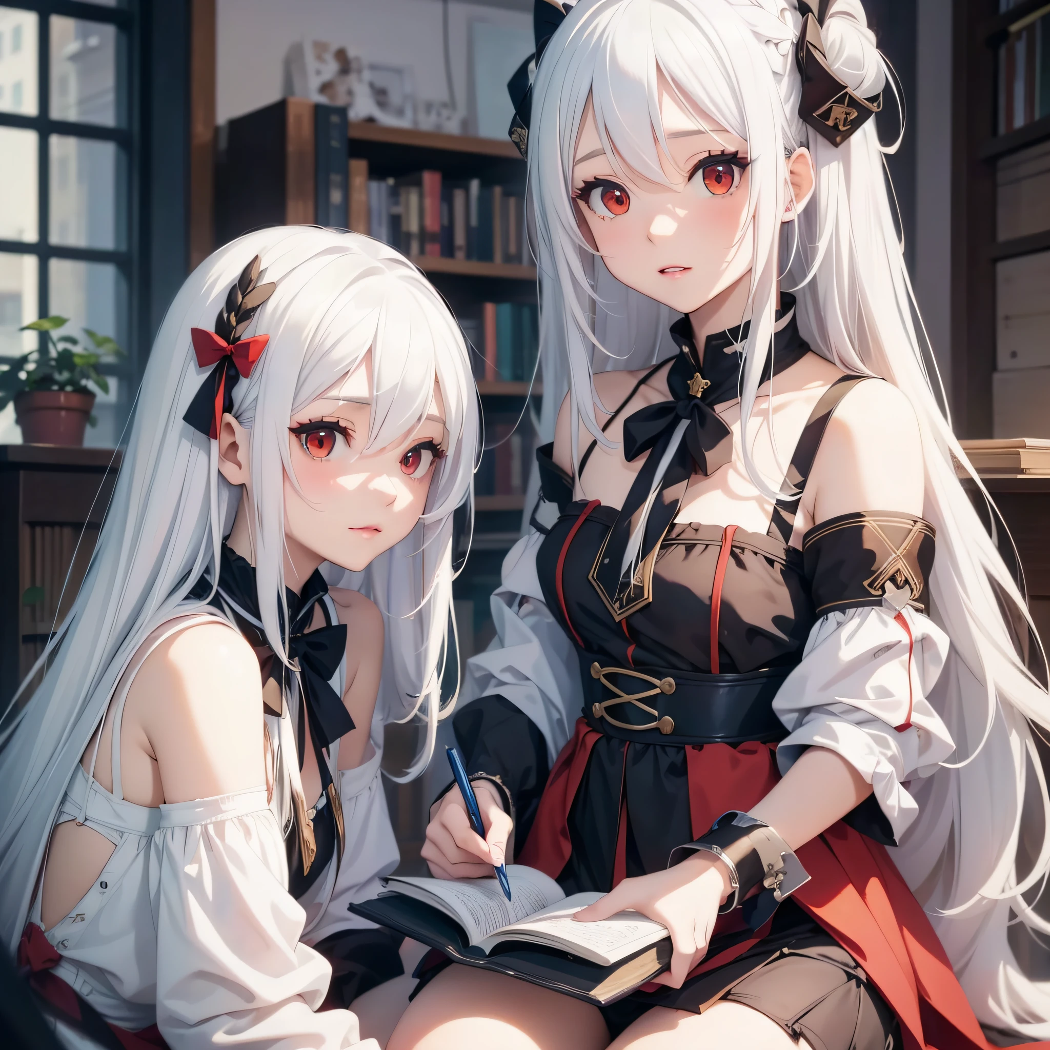 (Perfect white-haired girl + youth campus: 1.2), (anime girl + girl front style + anime visual + anime cute art style: 1.3), (long white hair + white hair + from girl front: 1.2), (one book + one book: 0.9), beautiful portrait, harmony fusion, rich picture detail, clarity, strong texture. White silk, long legs, red eyes, two girls