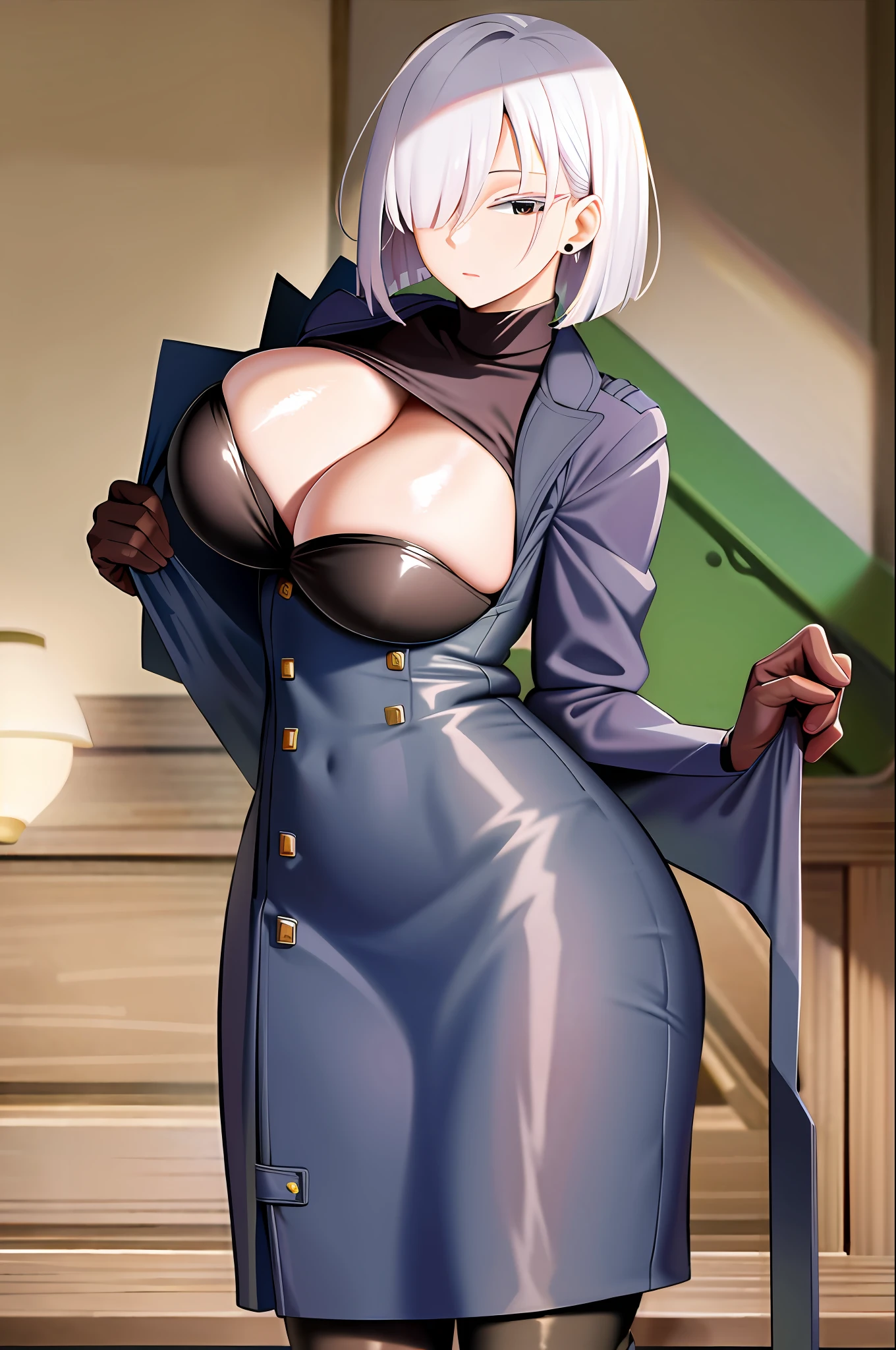 masterpiece, best quality, highres, fiona1, spy x family, hair_over_one_eye, solo, brown gloves, blue coat, buttons, jewelry, earring, large breasts, expressionless, cowboy shot, open coat, bra, penties, thong, indoors,standing,