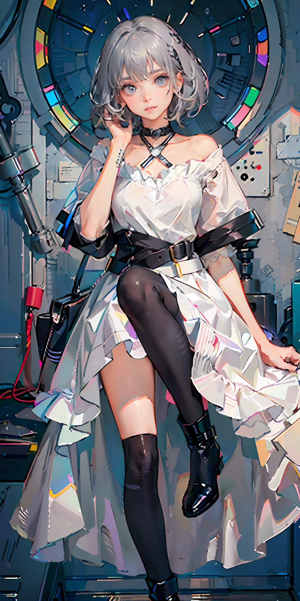 (highest quality), (masterpiece), (super detailed), (eye detail: 1.0), (lens flare: 1.0), (movie poster: 1.0), (tarot border: 1.0), portrait centered, (close-up: 1.0), a girl, solo, ((grey eyes)), (messy short grey hair), medium breasts, (collarbone, groin, narrow waist, slender, thin)), (pink lips), grey hair, white dress, simple background, lift dress, black collar, science fiction, black knee-length boots
