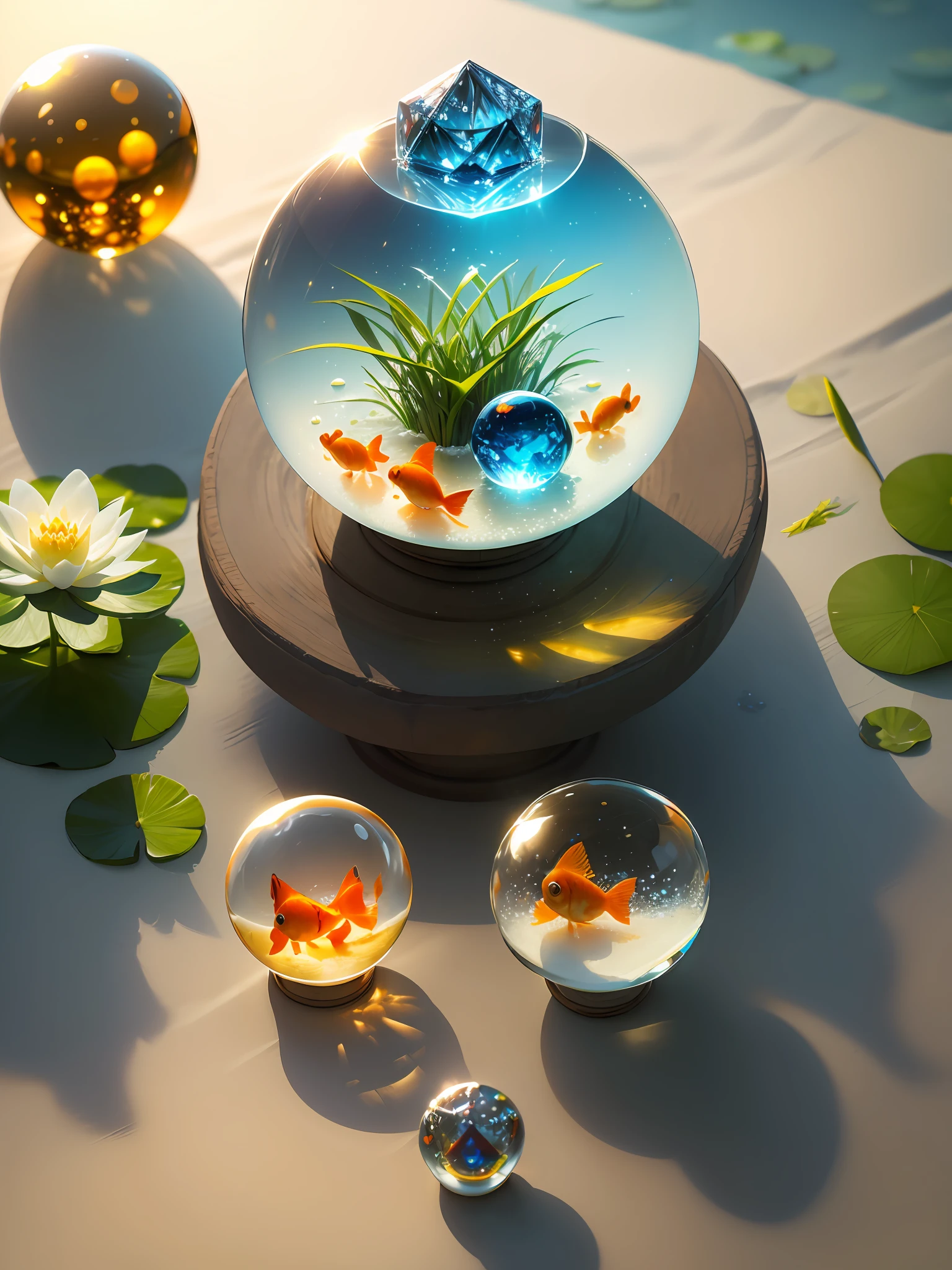 Ultra-realistic, 16K high resolution, (Max Sharp Focus: 1.3), (Max Close-up: 0.5), (Goldfish trapped in a crystal perfect ball with pedestal on table: 1.7), (Water lilies, floating grass, white sand, blue backlight: 1.3)