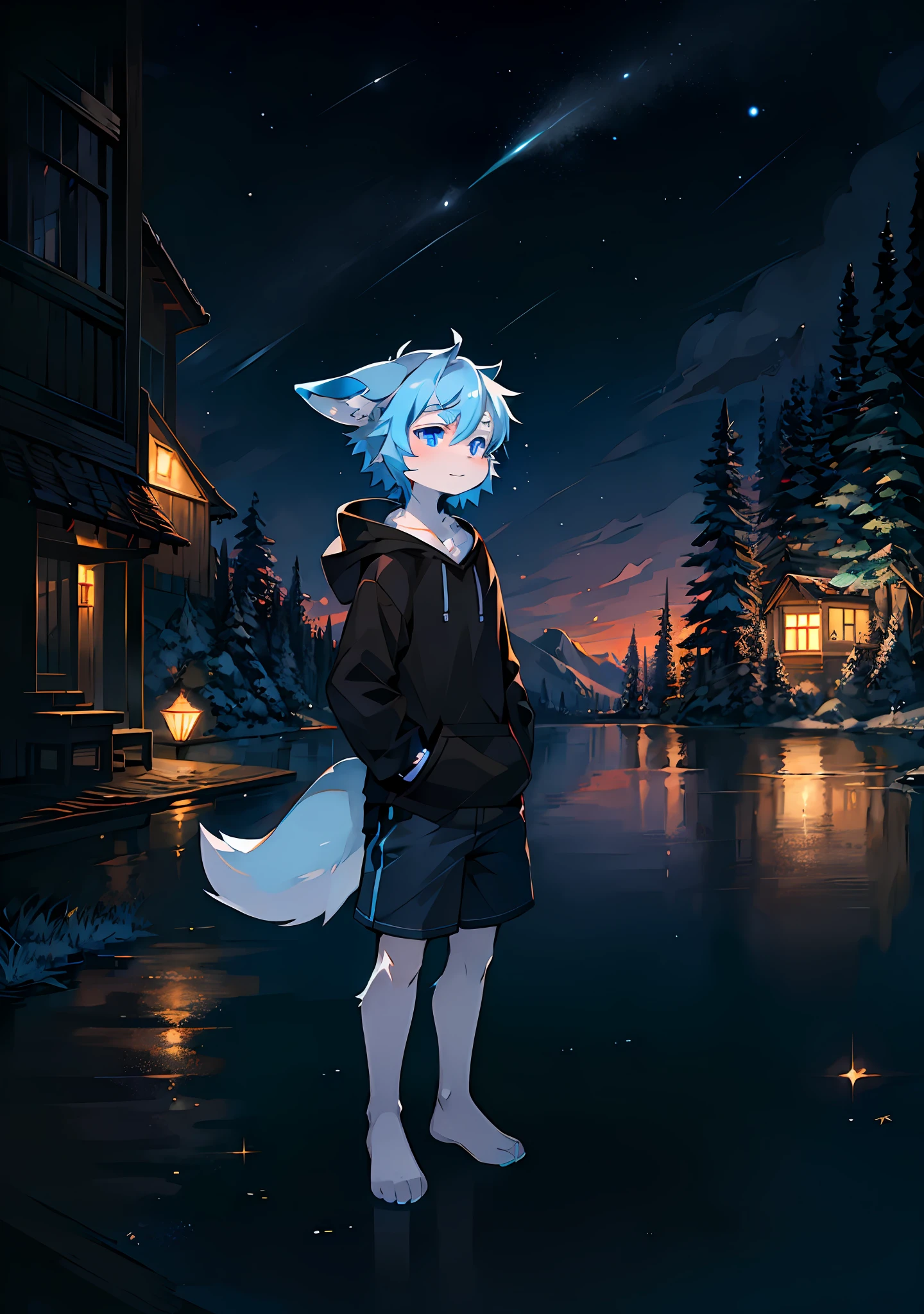 illustration, cartoon, shota, fox ears, big ears, fluffy, big white tail, blue tail point, light blue hair, light blue fur body, blue eyes, glowing eyes, purple eye shadow, white hoodie, hands in pockets, no pants, looking back, soothing tones, beautiful landscape, lake, night, nabula, starry sky, shooting star, 8k, best quality, ilya kuvshinov, by makoto shinkai
