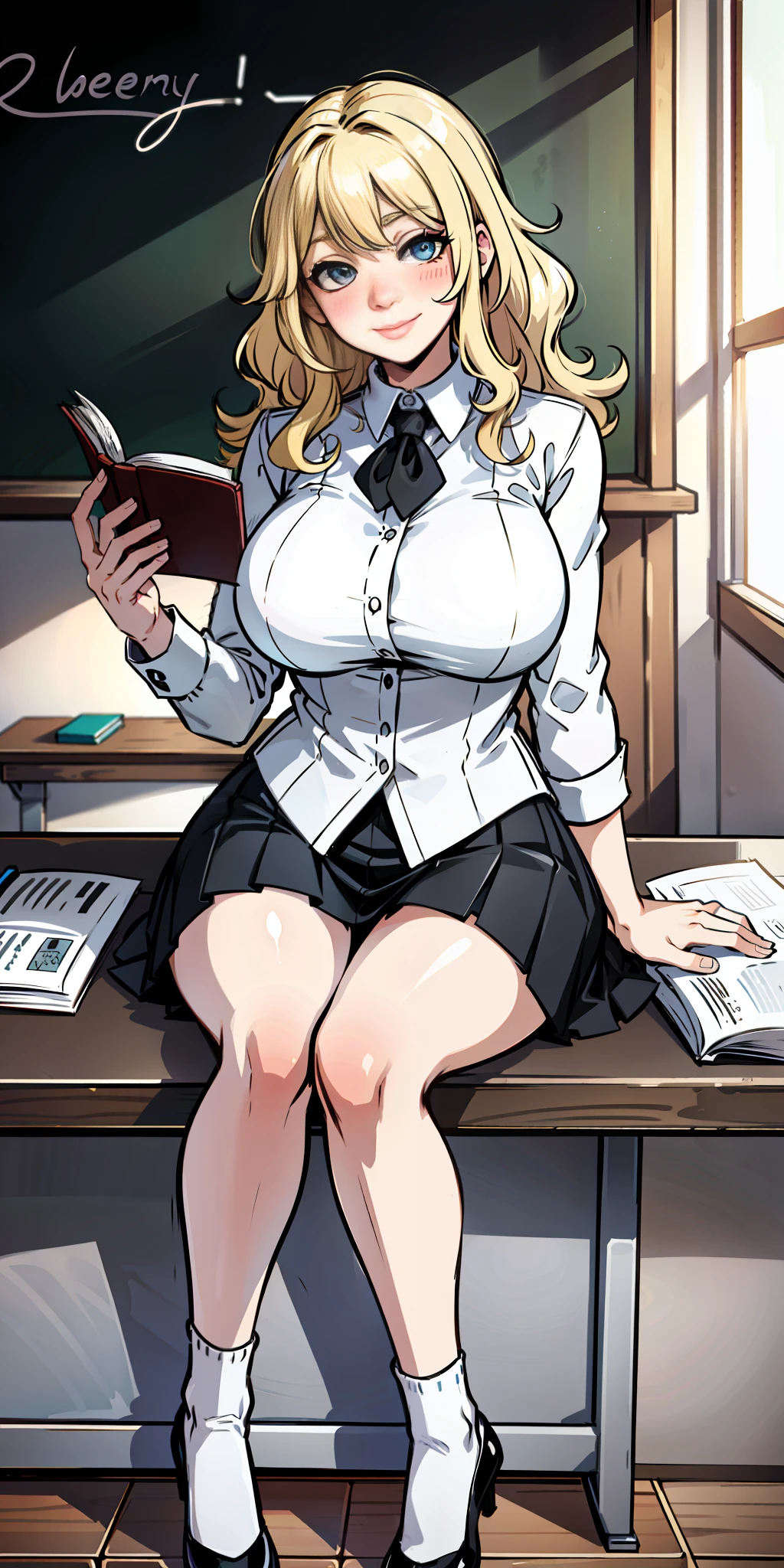 Color, (Masterpiece: 1.4), (Best Quality: 1.4), 8K, HD, Ultra HD, 1 Girl, (Big Tits: 1.4), Long Blonde Hair, White Clothes, Black Short Skirt, White Socks, Desk, Reading, Pen, Curly Hair, Blushing, (Smile with Joy), ((Hands Cover Face, Eyes Covered)), Classroom, Blackboard, ((Sitting at Desk)), ((Reading))