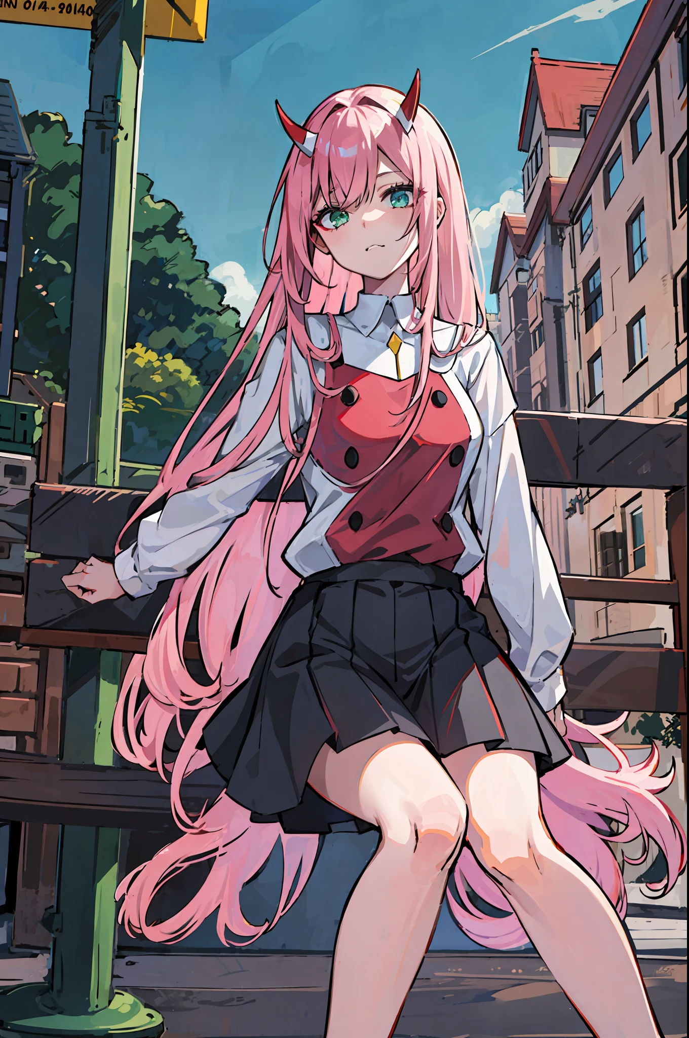 zero two \(darling on franxx\), darling on franxx, 1girl, bangs, bite, shadow, green eyes, hair behind head, horns, long hair, looking at viewer, big thighs, makeup, small breasts, skirt, black shirt, pink hair, red eyeshadow, science fiction, tight skin, solo