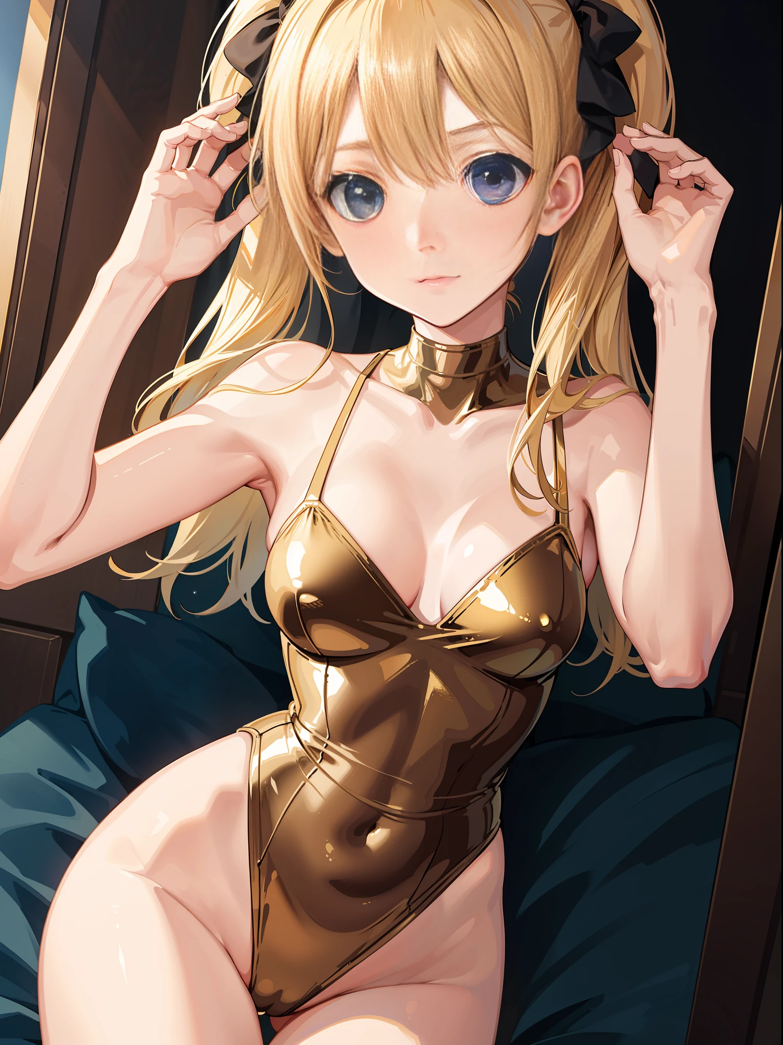 High Resolution, Top Quality, Slender Beautiful Girl, {Gold Swimsuit}, No Blushing, Club Room, Twin Tails