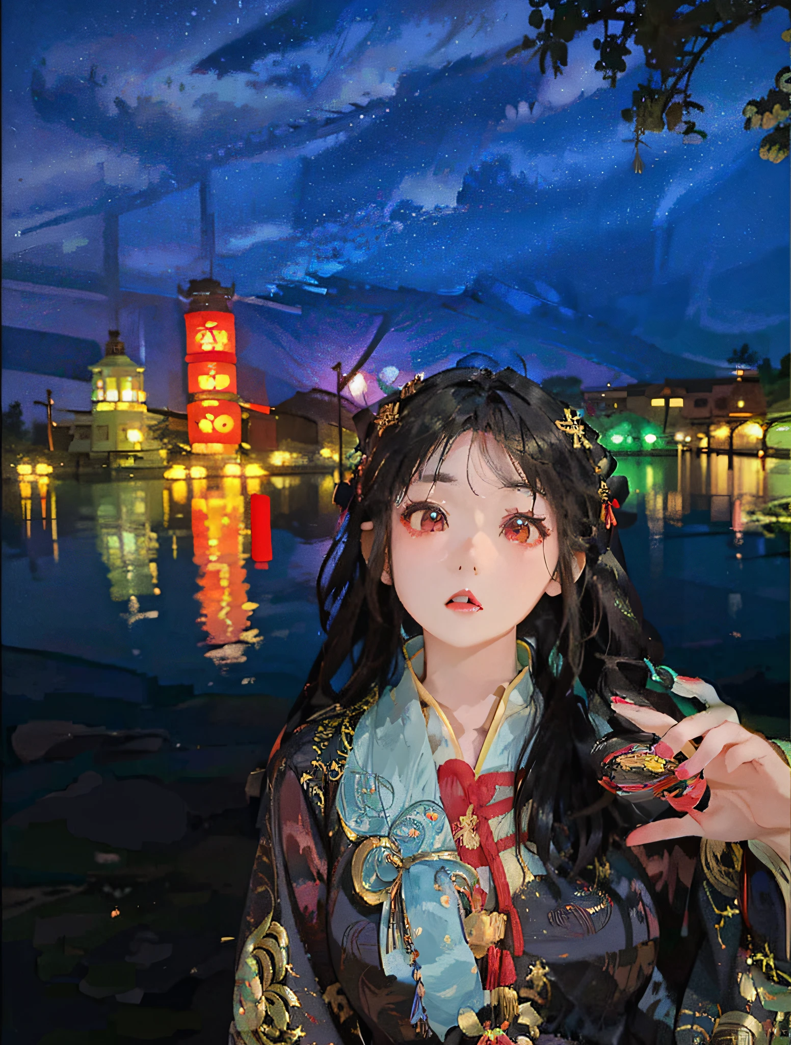 arafed woman in a colorful dress standing by a lake at night, chinese girl, chinese woman, ☁🌪🌙👩🏾, traditional chinese, chinese style, inspired by Luo Mu, inspired by Lü Ji, palace ， a girl in hanfu, with acient chinese clothes, at nighttime, xintong chen, very very low quality picture