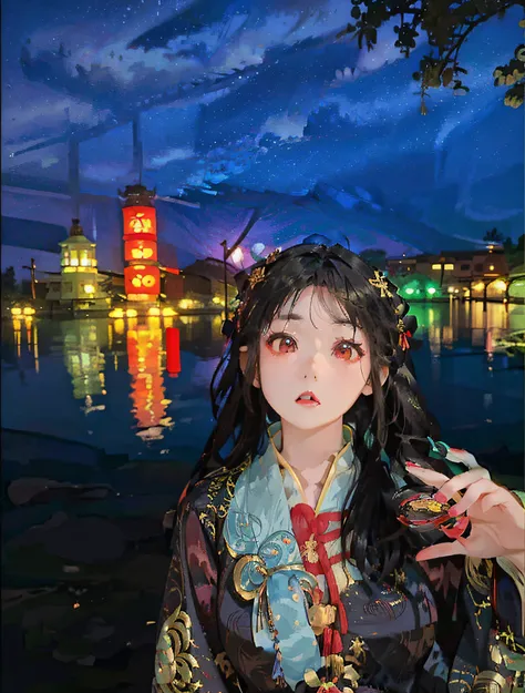 arafed woman in a colorful dress standing by a lake at night, chinese girl, chinese woman, ☁🌪🌙👩🏾, traditional chinese, chinese s...