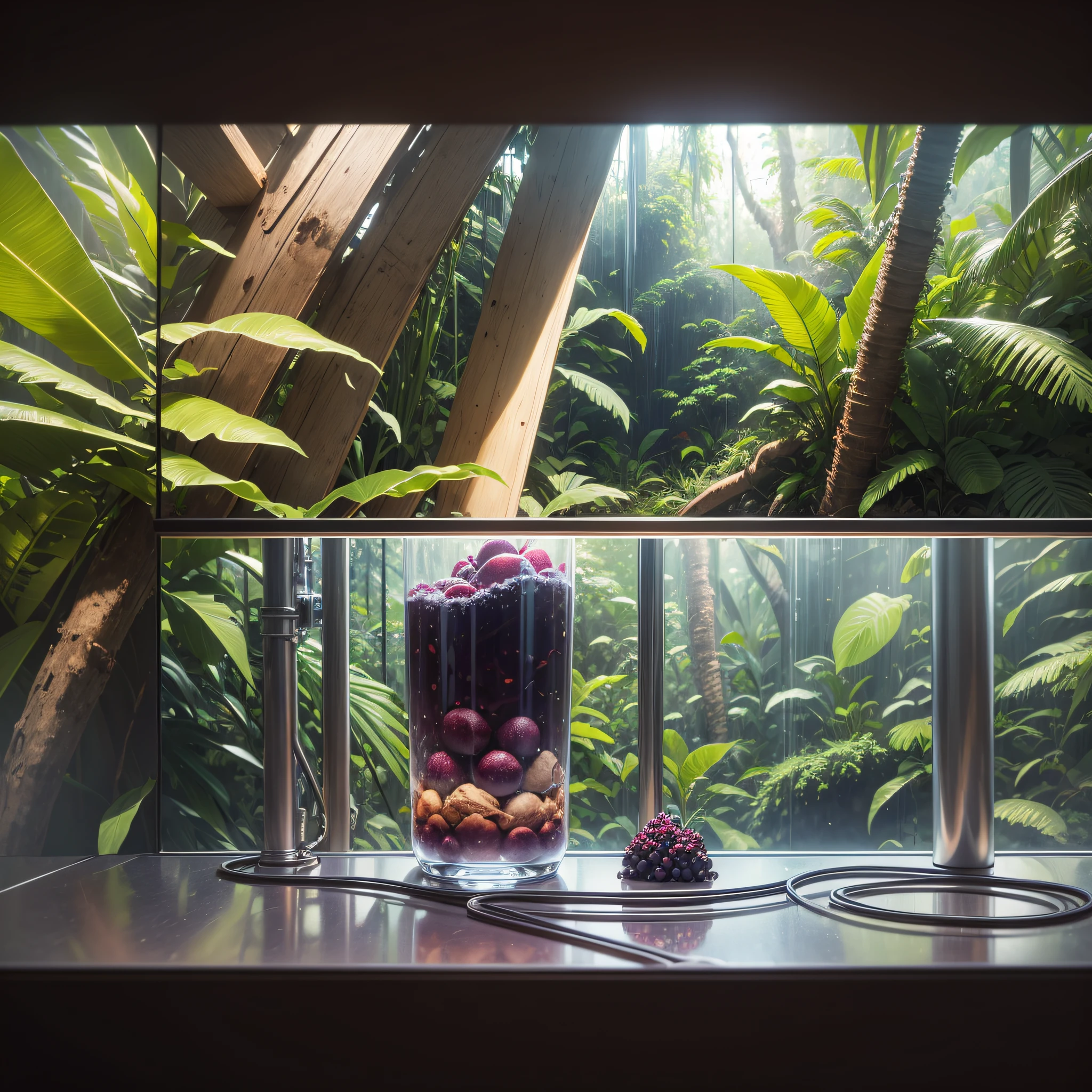 Stainless steel pipes mixed with rainforest, acai, shiny, curved stainless steel pipes with vines and acai, complex ice cream producing machine seen from the inside, complex 90 degree connections, interior of an ice cream machine, front view, close-up, anglo closed, first-person view, cinematic lighting, depth of field, f/16, Fujifilm, 16k. create a movie atmosphere, combine cm an Amazon rainforest. --auto --s2