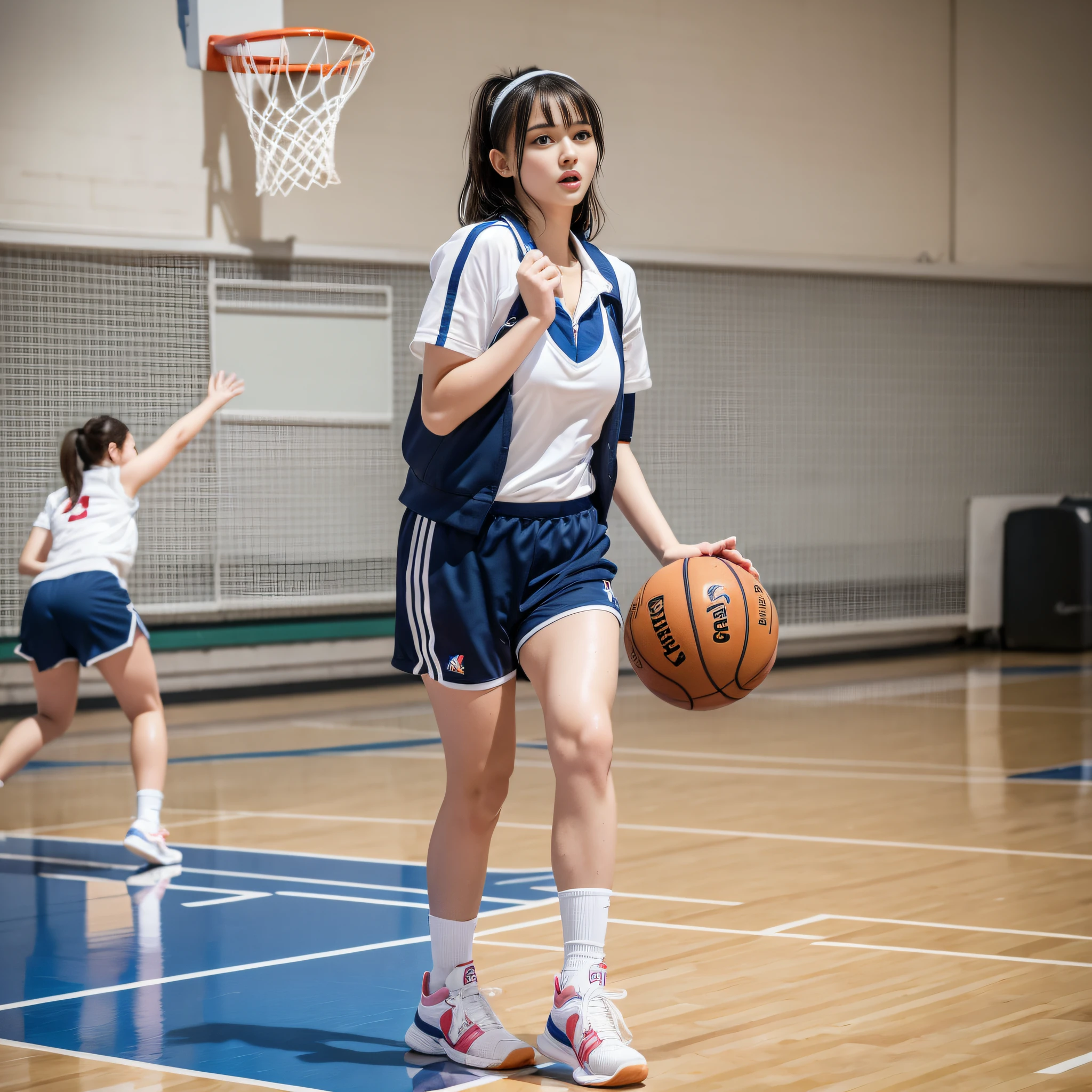 masterpiece, 16K, schoolgirl wearing basketball uniform, shot with Nikon Z9, cute schoolgirl model in basketball club activity, shooting basketball practice, perfect ???????, top quality, gymnasium, ultra-realistic, realistic scale ratio, wet with sweat, perfect style