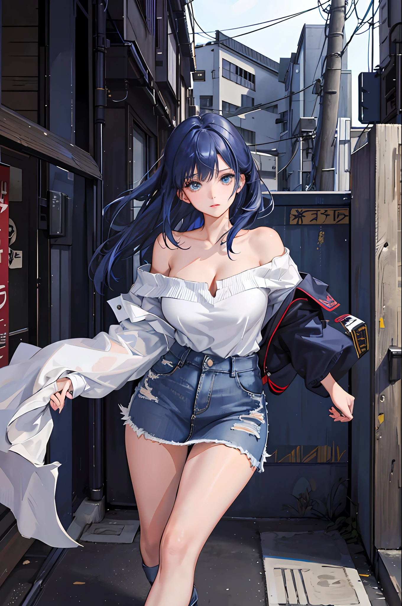 1girl, [detailed background (japan alley, tokyo, tokyo city)], indigo blue hair, dark indigo hair, long blue hair, plump and slender girl, long hair, ((Girl wears an off-shoulder white blouse, short jeans skirt, blue short jeans skirt, tight jeans skirt, very short skirt)) showing shoulders and cleavage, slightly lifted up skirt)), correct limbs, correct anatomy, innocent expression, Eye details, beautiful eyes, delicate eyes, indigo blue eyes, large breasts, massive breasts, cleavage, bare shoulders, sexy