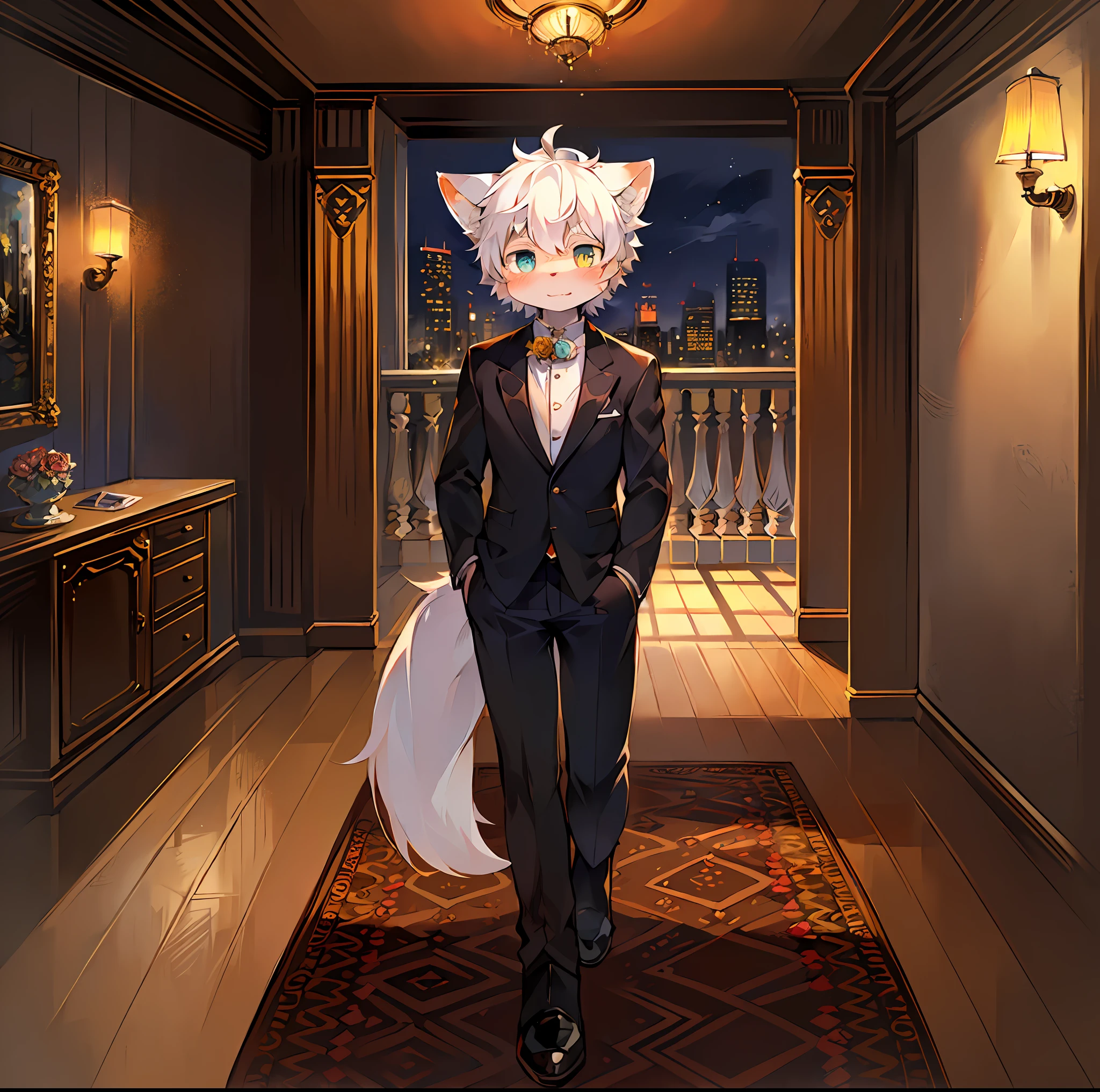 masterpiece, high quality, abstract res, digital painting\(artwork), by dagasi, yupa, kiyosan, (anthro, fluffy fur, character focus: 1.1), anthro male cat, short hair, portrait, bright eyes, character avatar, . (Detailed background: 0.7), Furry, Shota, Furry male, Anthr, (full body fur, fluffy tail, white fur, yellow-blue heterochromic eyes, white hair: 1.2), (long canine, fox, suit, holding rose: 1.2), (interior, night, : 1.1)