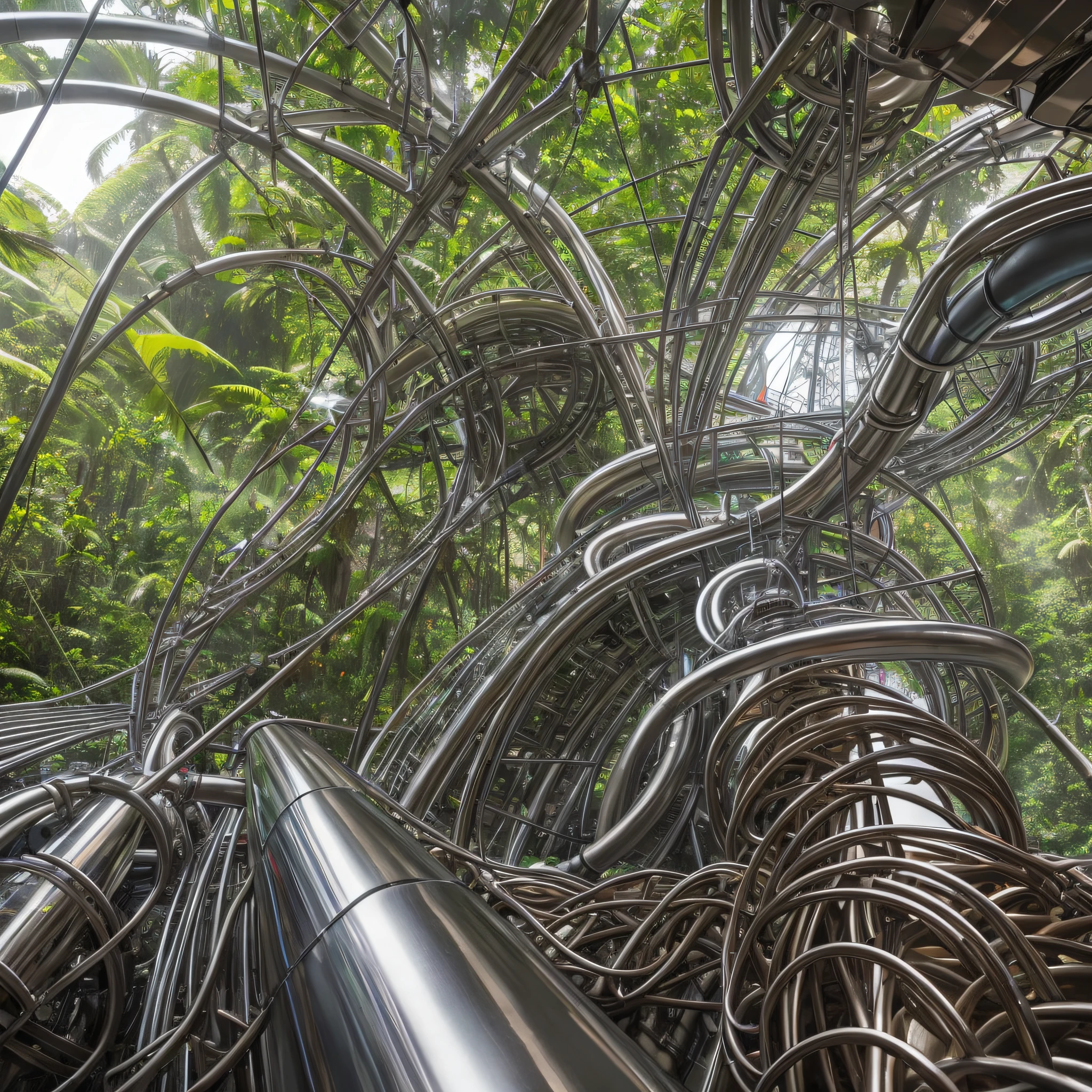 Stainless steel pipes mixed with rainforest, acai, shiny, curved stainless steel pipes with vines and acai, complex ice cream producing machine seen from the inside, complex 90 degree connections, interior of an ice cream machine, front view, close-up, anglo closed, first-person view, cinematic lighting, f/16, 16k. create a movie atmosphere,  combine cm an Amazon rainforest. --auto --s2