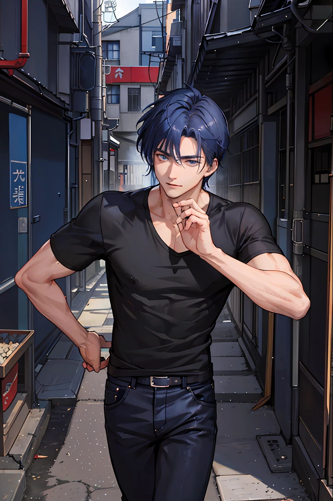 1boy, [detailed background (japan alley, tokyo, tokyo city)], indigo blue hair, dark indigo hair, short blue hair, comma hair, lean and muscular male, ((man wears a black t-shirt, black trousers)), correct limbs, correct anatomy, handsome, Eye details, beautiful eyes, delicate eyes, indigo blue eyes, broad chest, tiny waist