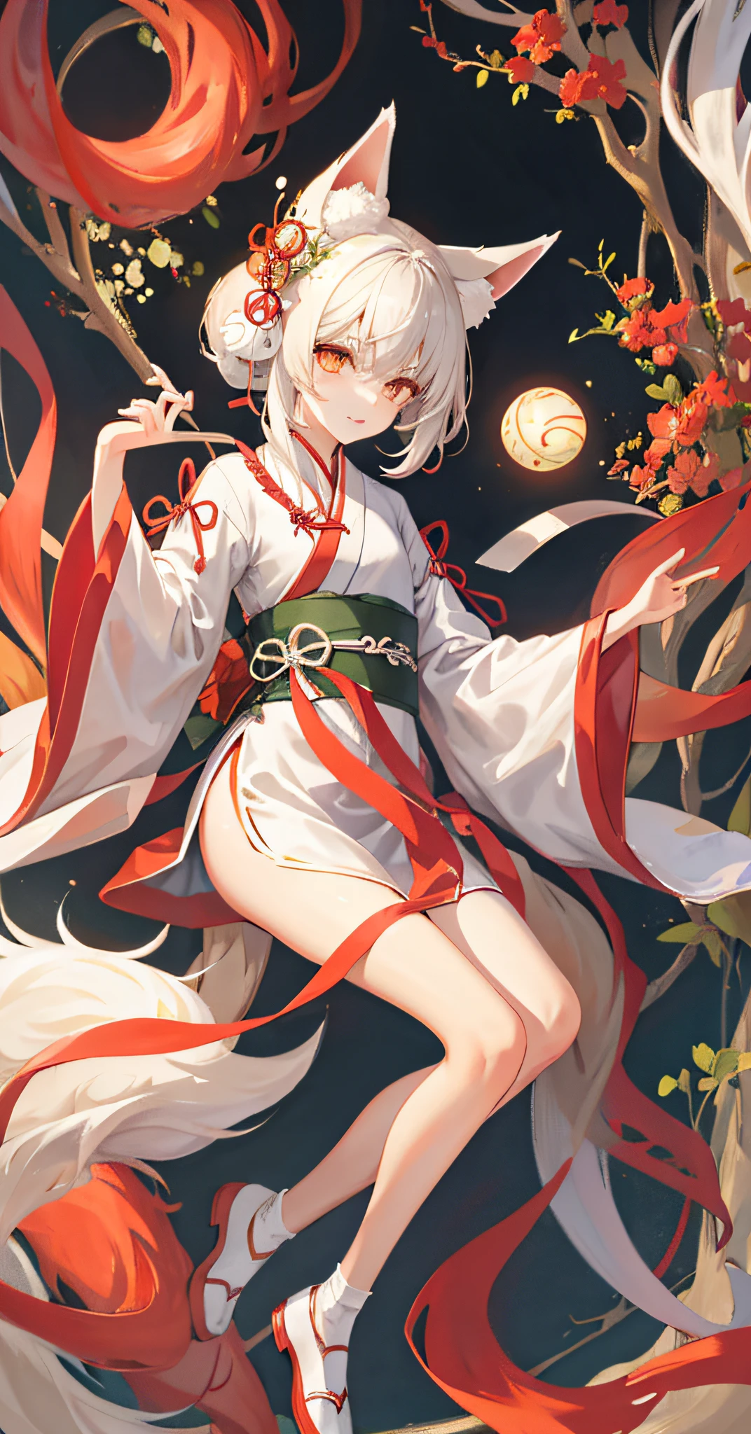 Nine-tailed fox, a fox, slender legs, small white shoes, Hanfu