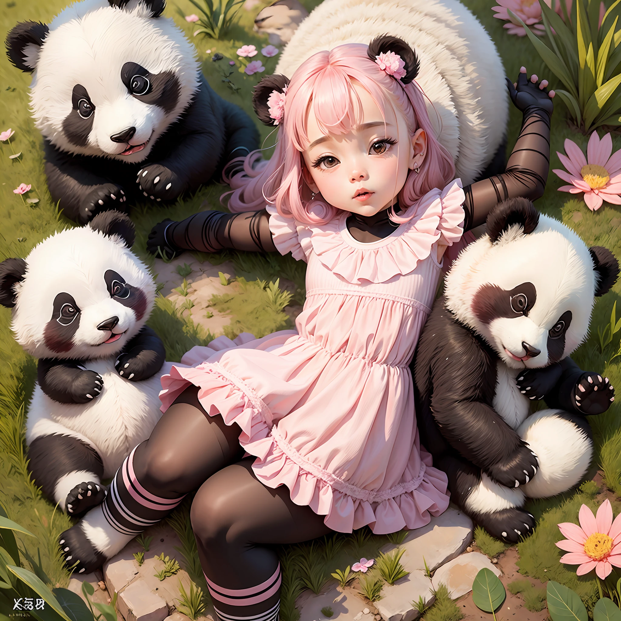 A small panda, various poses, white background, children's book quality, pink dress outfit --auto --s2