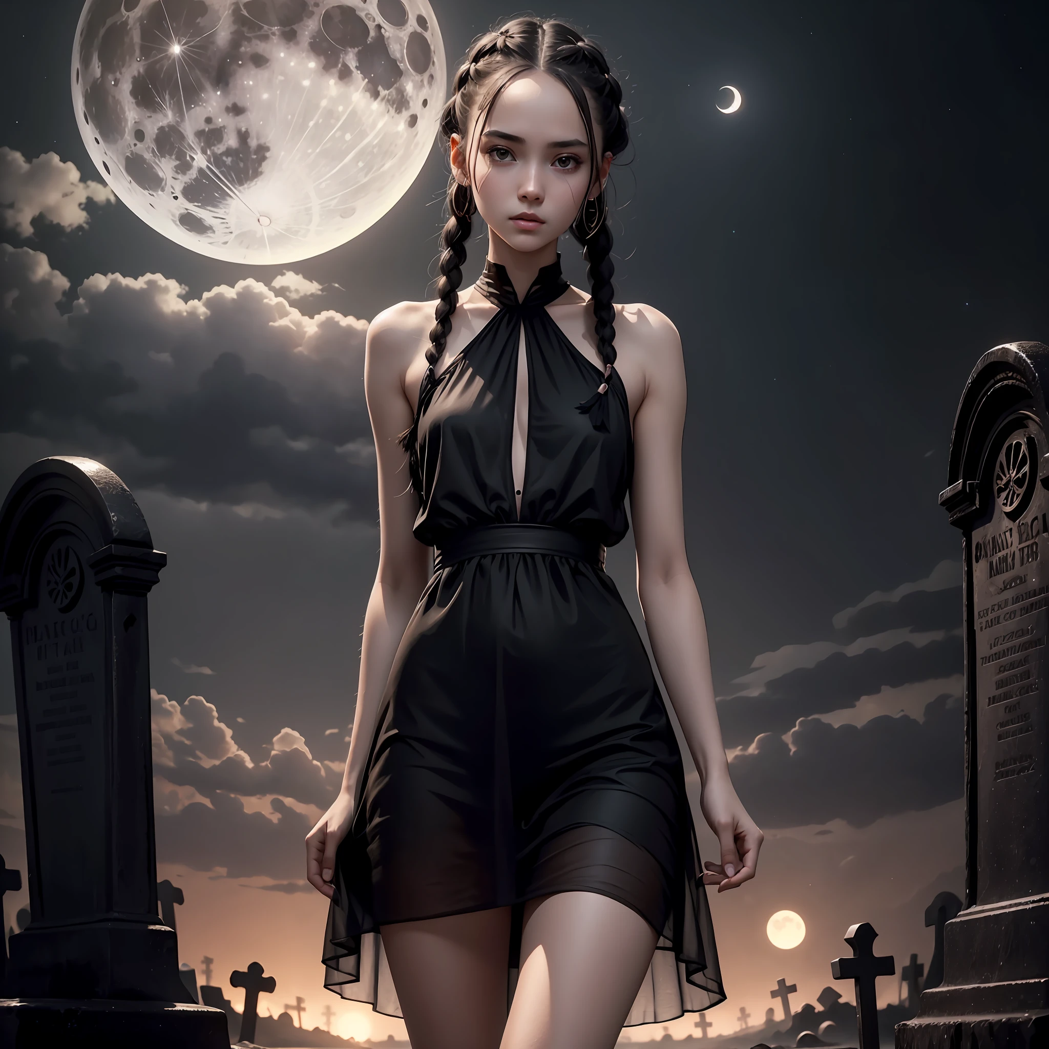 best image quality, 8k, masterpiece, black haired girl, white skin, braids, see-through black dress, , small, slender, graveyard with full moon shining