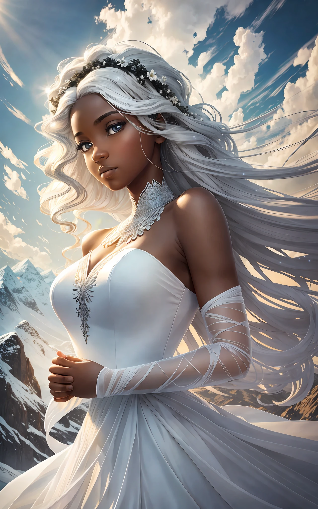 award winning 64k concept art of (black 1girl:1.2) in white majestic open dress standing proudly in the mountains, posing, epic, god rays, centered, (masterpiece:1.2), (best quality:1.2), Amazing, highly detailed, beautiful, finely detailed, warm soft color grading, Depth of field, extremely detailed 64k, fine art, stunning, iridescent, shiny, (light reflections:1.2), (crisp:1.5), white curls, wind, vibrant, sunlit, (edge detection:1.2), absurdres, by Katie Daisy, impressive, 120mm