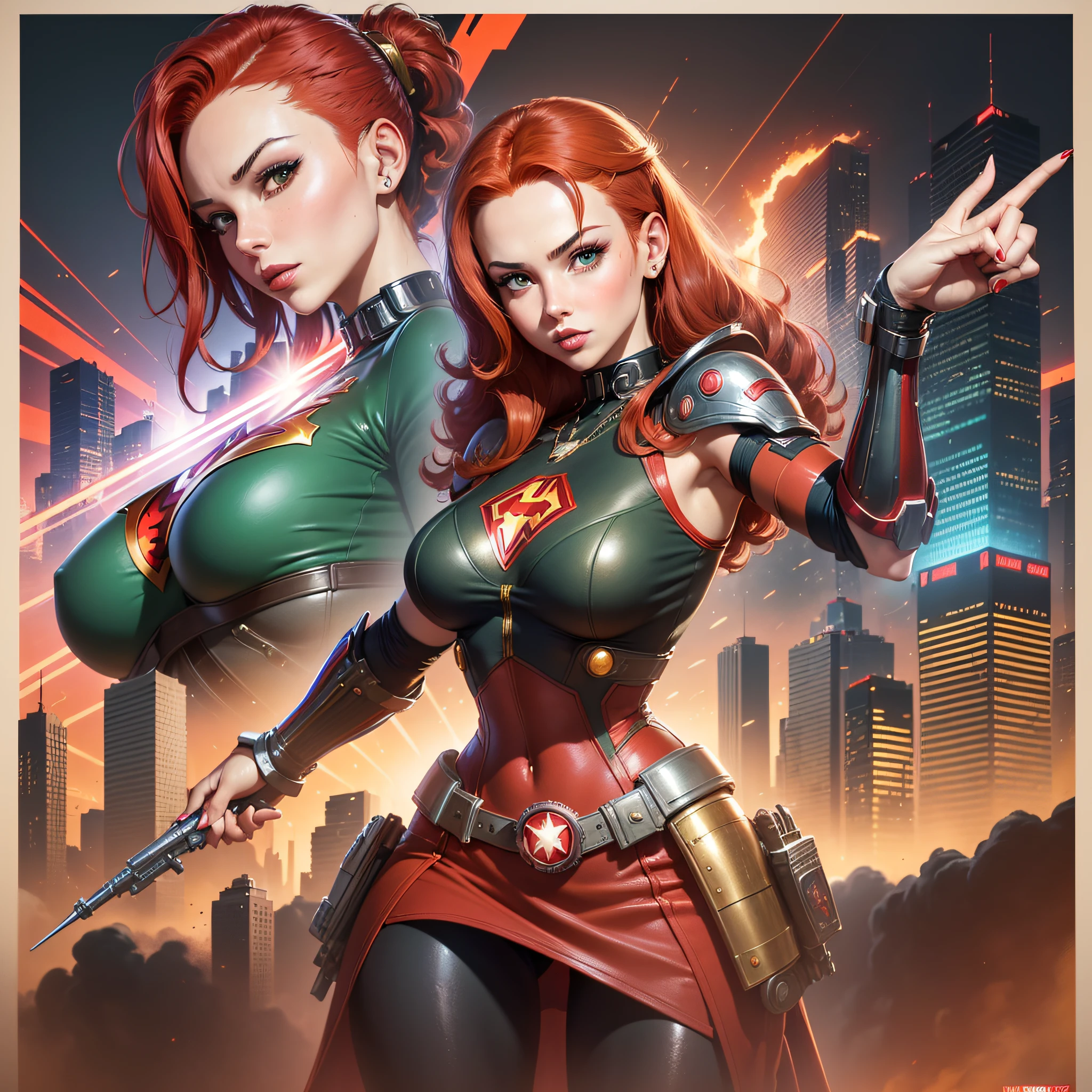 (((A young woman with straight red hair long size up to the waist in superhero pose)))), American World War II poster, Gil Elvgren style, WLOP, Artgerm ((Poster style)) ((detailed outfit entirely red with gold)) (city in the background) ((woman with open hands pointed forward)) detailed outfit, (((cyberpunk arm)))), 1 girl, solo, poster design, poster art style. 1980s, 1950s, 1960s, 1940s, basic color scheme, very colorful poster, colorful art, third rule, dynamic pose, woman, 1 girl of 20 years, looking at the viewer, blurred background, green eyes. --auto --s2