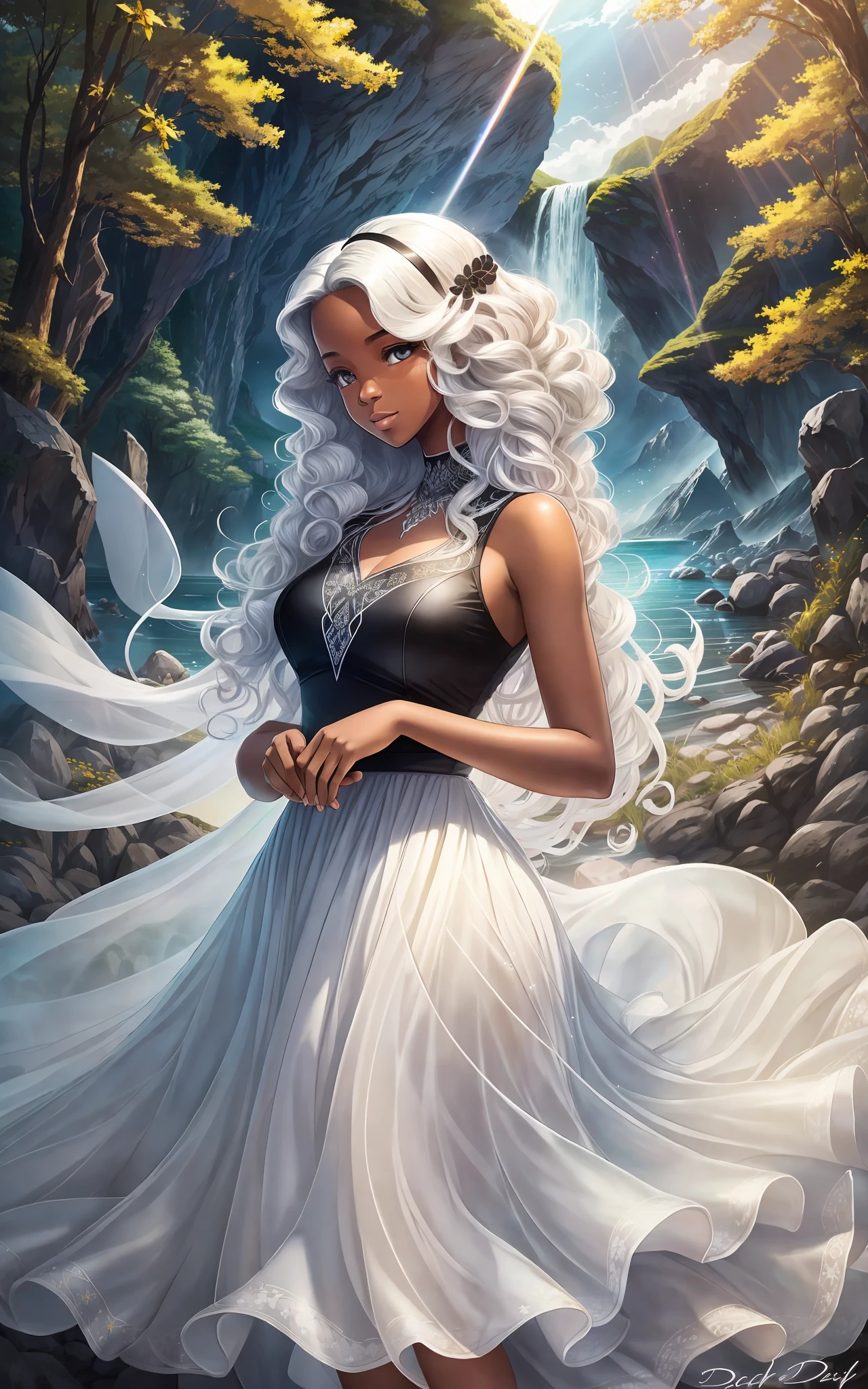 award winning 64k concept art of (black 1girl:1.2) in white majestic open dress standing proudly in the mountains, posing, epic, god rays, centered, (masterpiece:1.2), (best quality:1.2), Amazing, highly detailed, beautiful, finely detailed, warm soft color grading, Depth of field, extremely detailed 64k, fine art, stunning, iridescent, shiny, (light reflections:1.2), (crisp:1.5), white curls, wind, vibrant, sunlit, (edge detection:1.2), absurdres, by Katie Daisy, impressive, 120mm