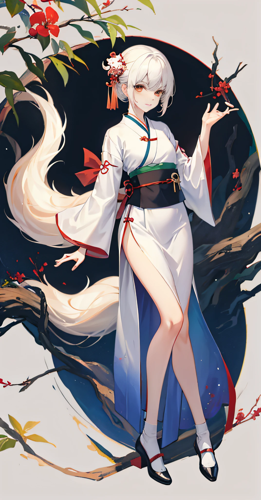 Nine-tailed fox, a fox, slender legs, small white shoes, Hanfu